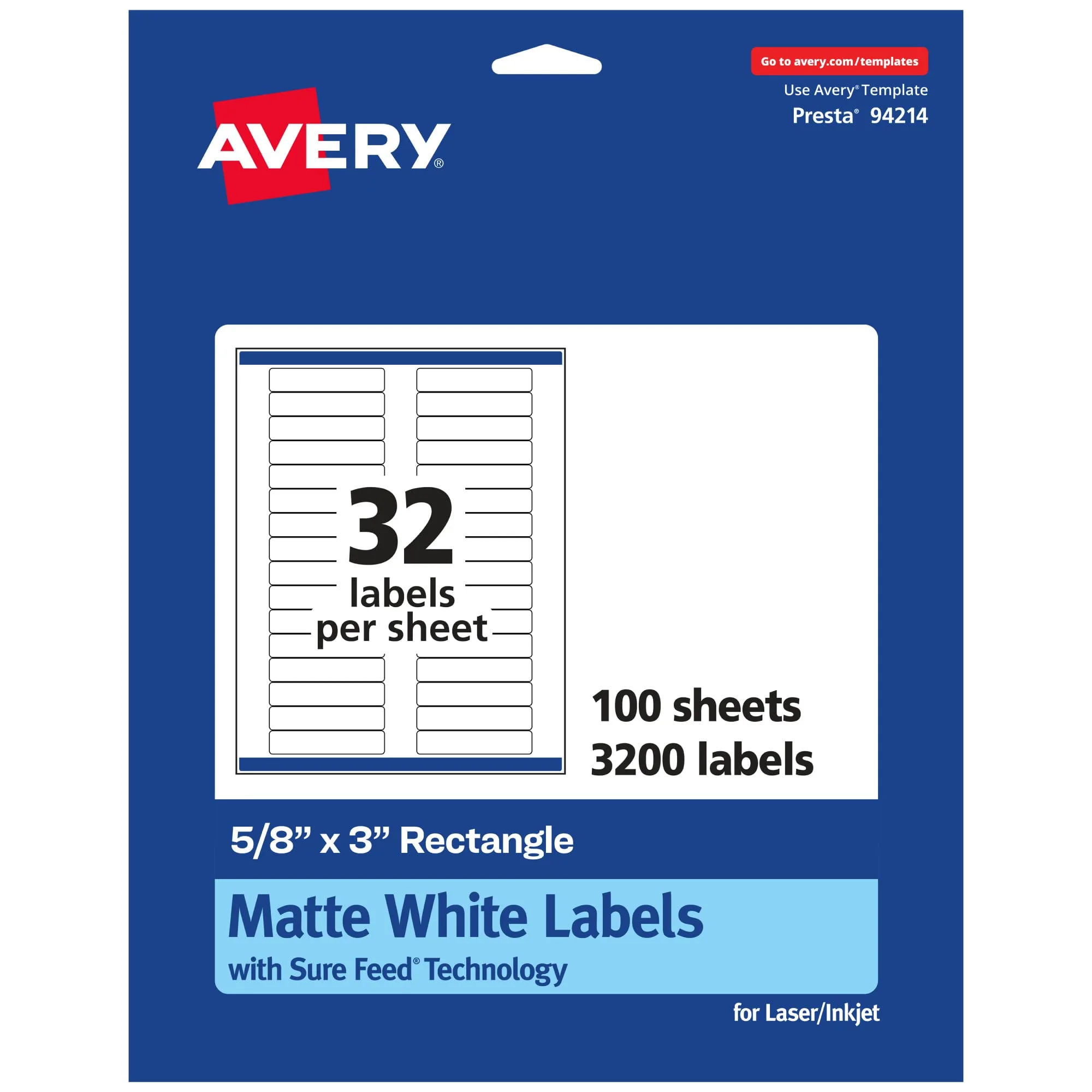 Avery Matte White Rectangle Labels, Sure Feed Technology, 5/8" x 3"