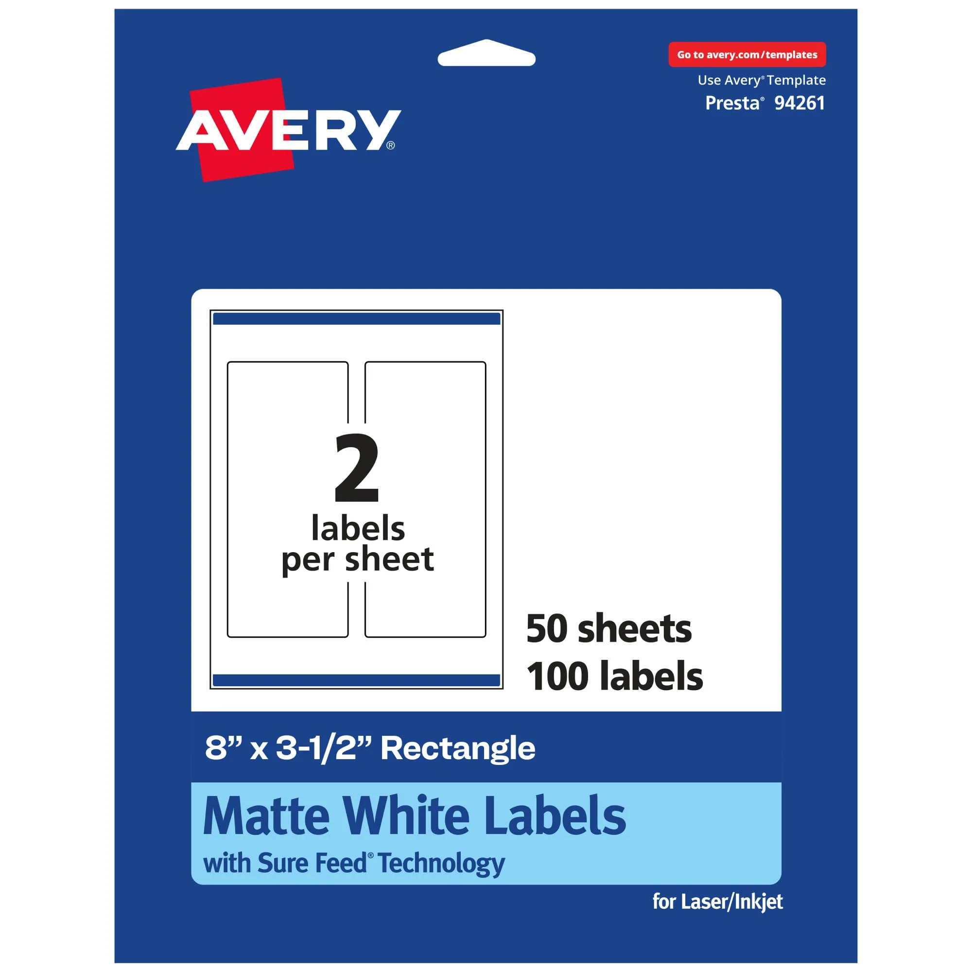 Avery Matte White Rectangle Labels, Sure Feed Technology, 8" x 3.5", 100 Matte White Printable Labels 100 Labels