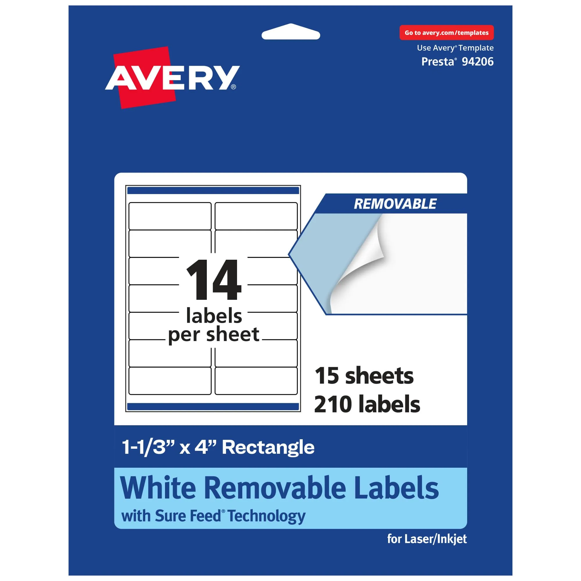 Avery Matte White Removable Rectangle Labels, Sure Feed Technology, 1-1/3" x 4", 210 Removable Labels