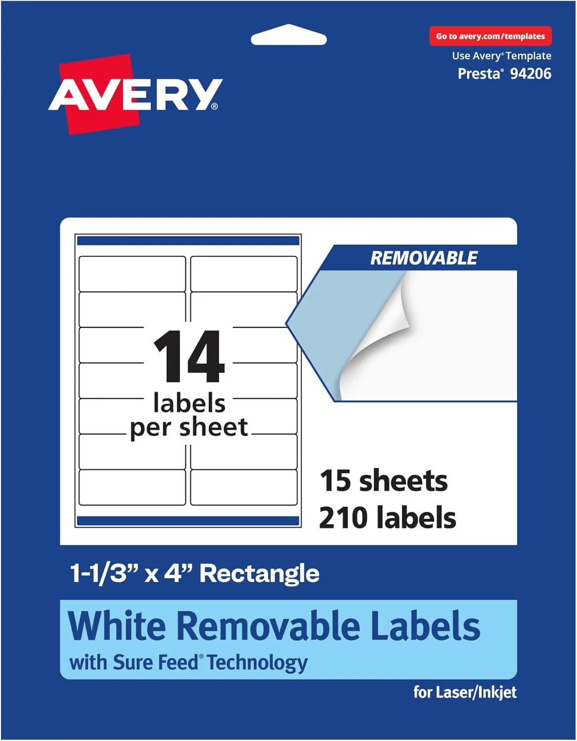 Avery Matte White Removable Rectangle Labels, Sure Feed Technology, 1-1/3" x 4", 210 Removable Labels