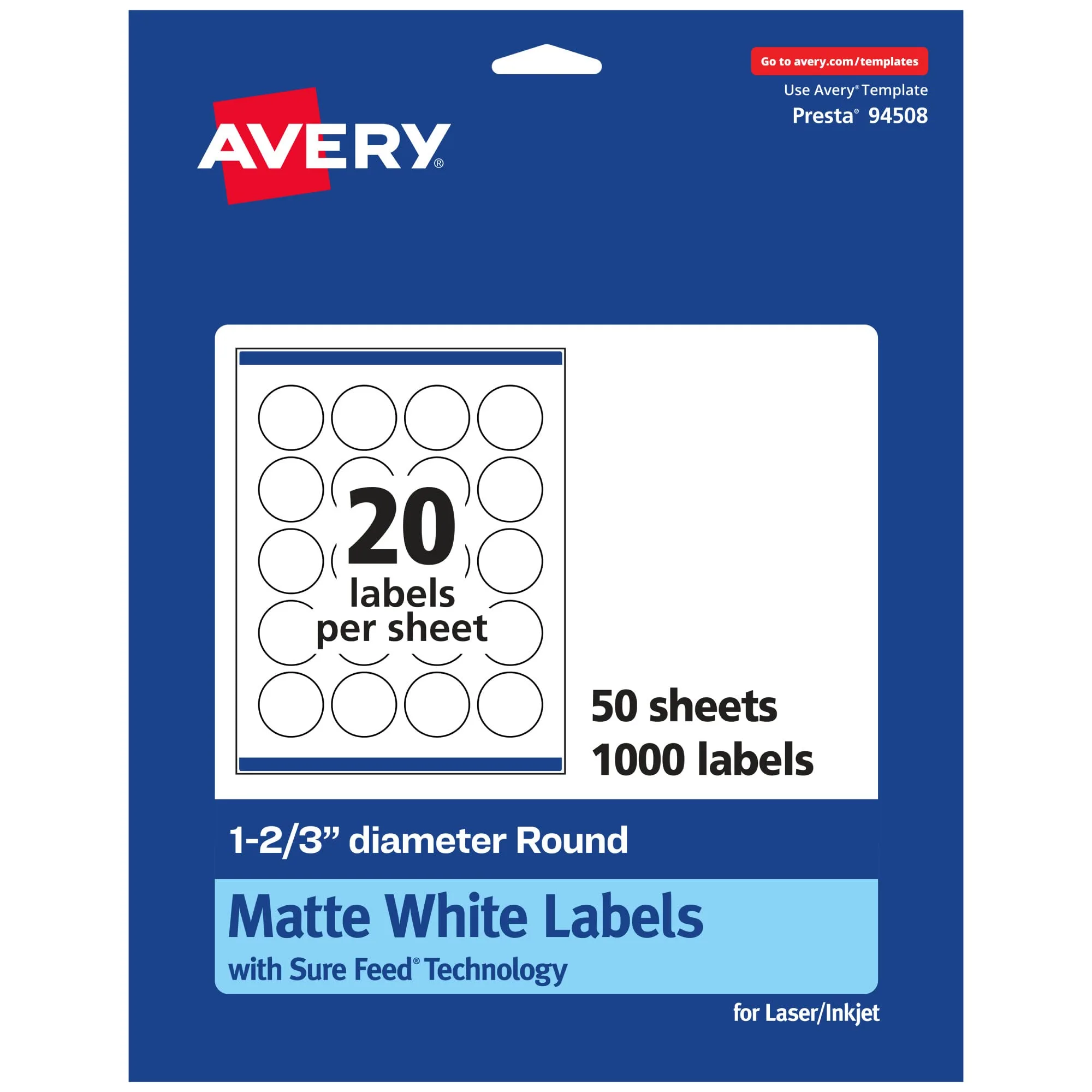 Avery Matte White Round Labels, Sure Feed Technology, 1-2/3" Diameter