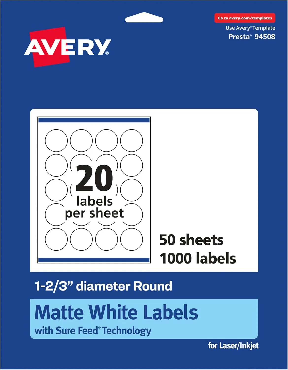 Avery Matte White Round Labels, Sure Feed Technology, 1-2/3" Diameter