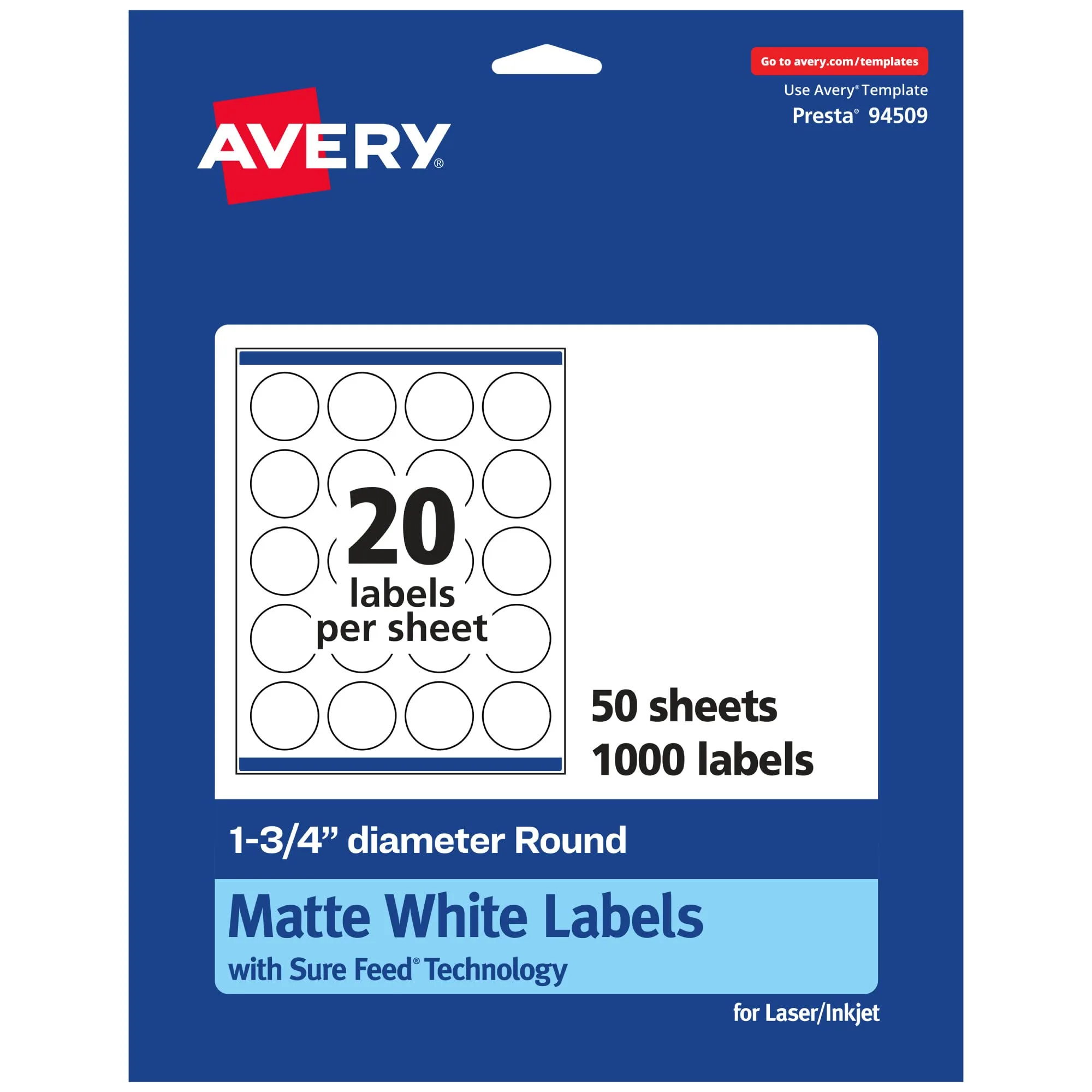 Avery Matte White Round Labels, Sure Feed Technology, 1.75" Diameter