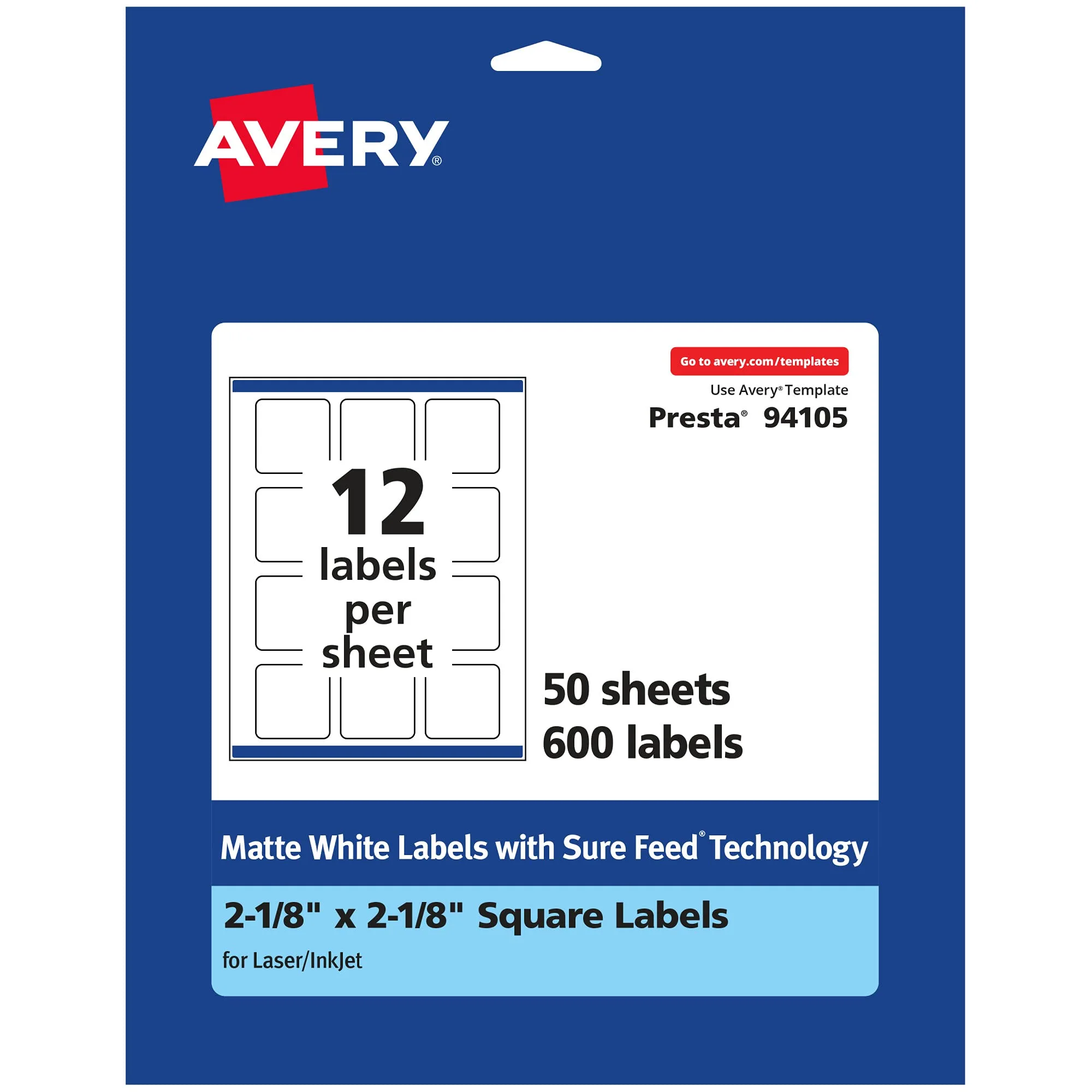Avery Matte White Square Labels, Sure Feed Technology, 2-1/8" x 2-1/8"