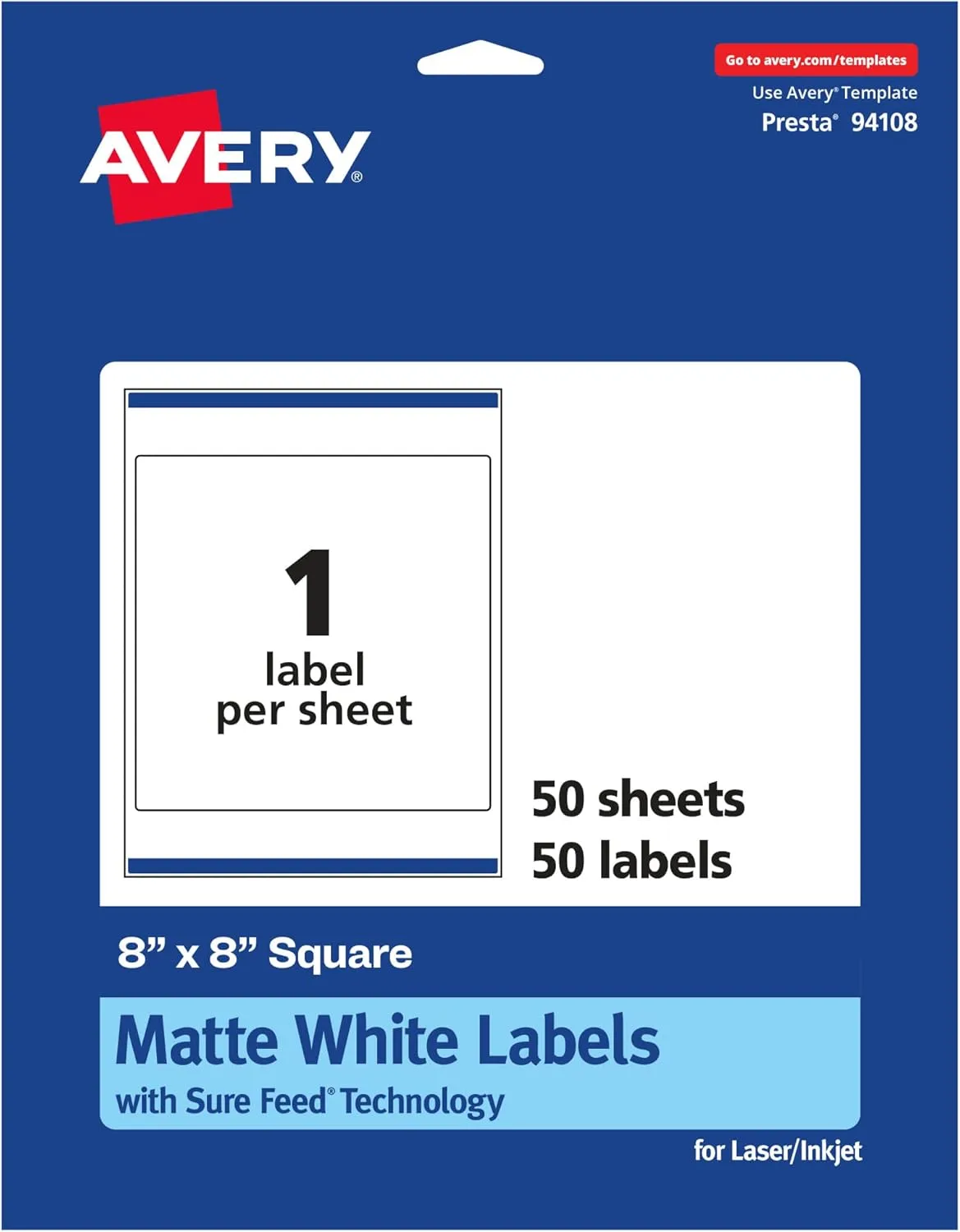 Avery Matte White Square Labels, Sure Feed Technology, 8" x 8"