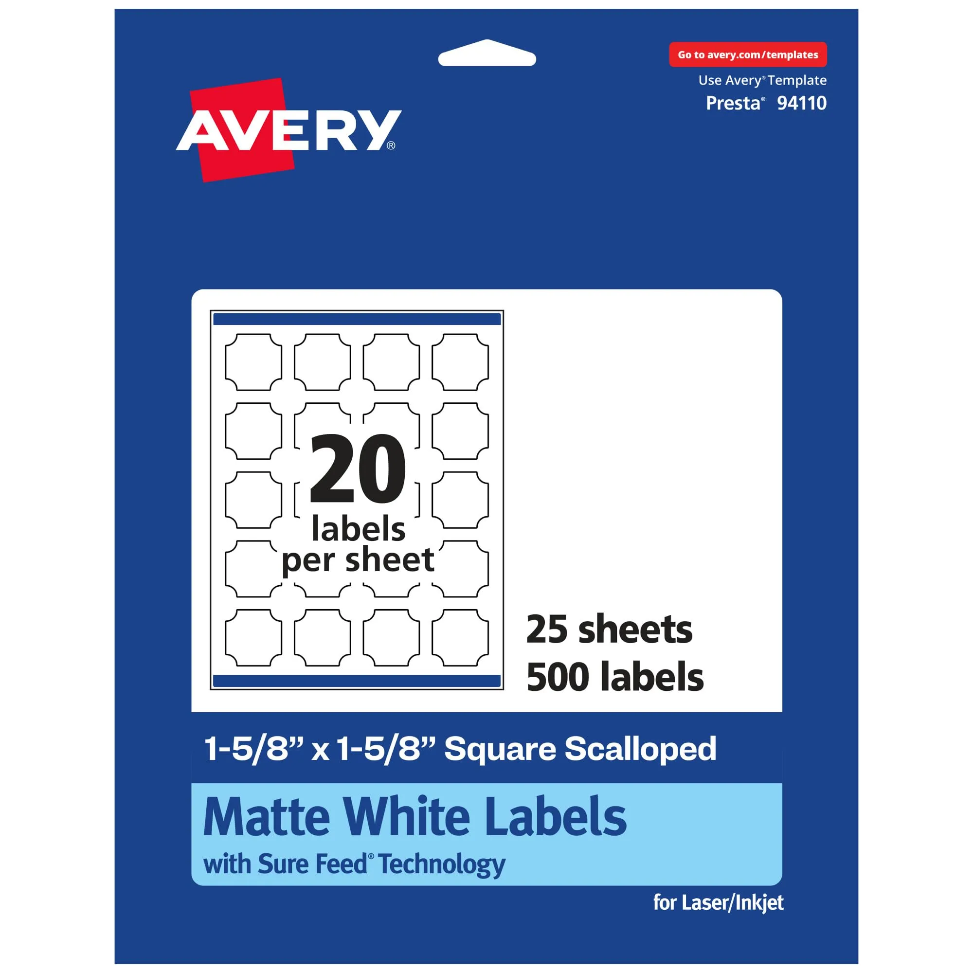 Avery Matte White Square Scalloped Labels, Sure Feed Technology, 1-5/8" x 1-5/8"