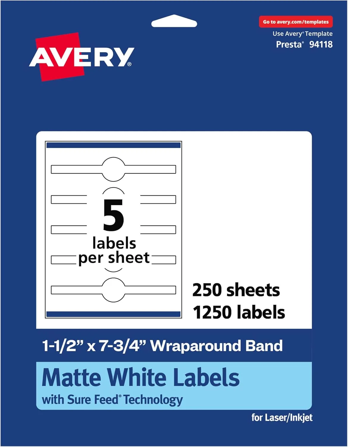 Avery Matte White Wraparound Band Labels, Sure Feed Technology, 1.5" x 7.75", Cigar Band Labels, Print-to-The-Edge - 811108
