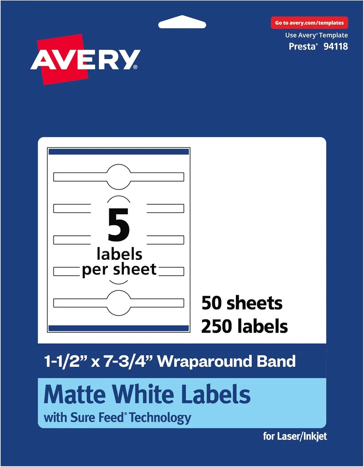 Avery Matte White Wraparound Band Labels, Sure Feed Technology, 1.5" x 7.75", Cigar Band Labels, Print-to-The-Edge - 811108