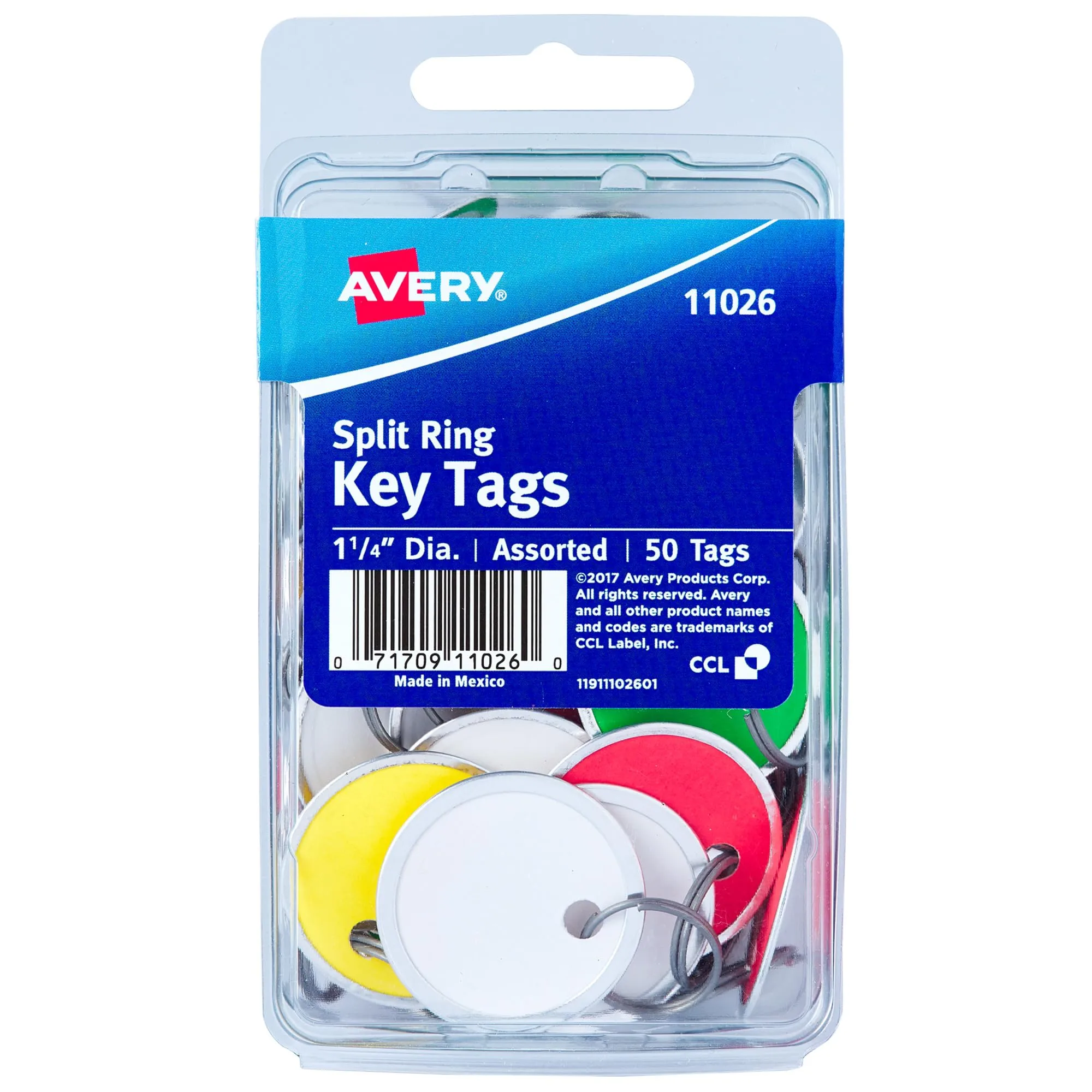 Avery Metal Rim Key Tags, 1.25" Diameter Tag, Metal Split Ring, Assorted Colors, 50 Tags (11026)