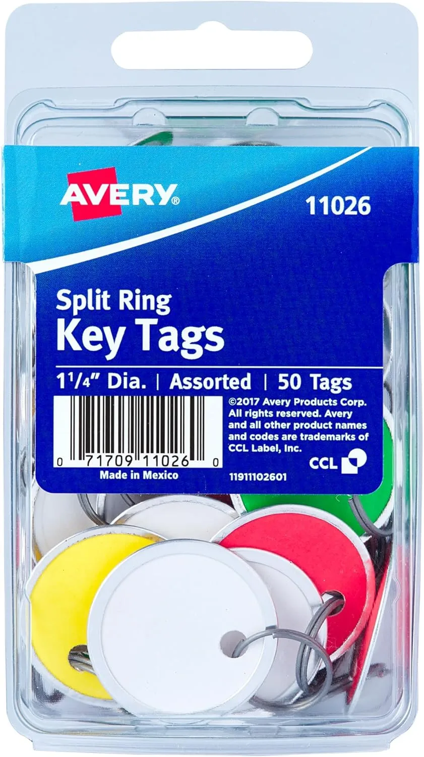 Avery Metal Rim Key Tags, 1.25" Diameter Tag, Metal Split Ring, Assorted Colors, 50 Tags (11026)