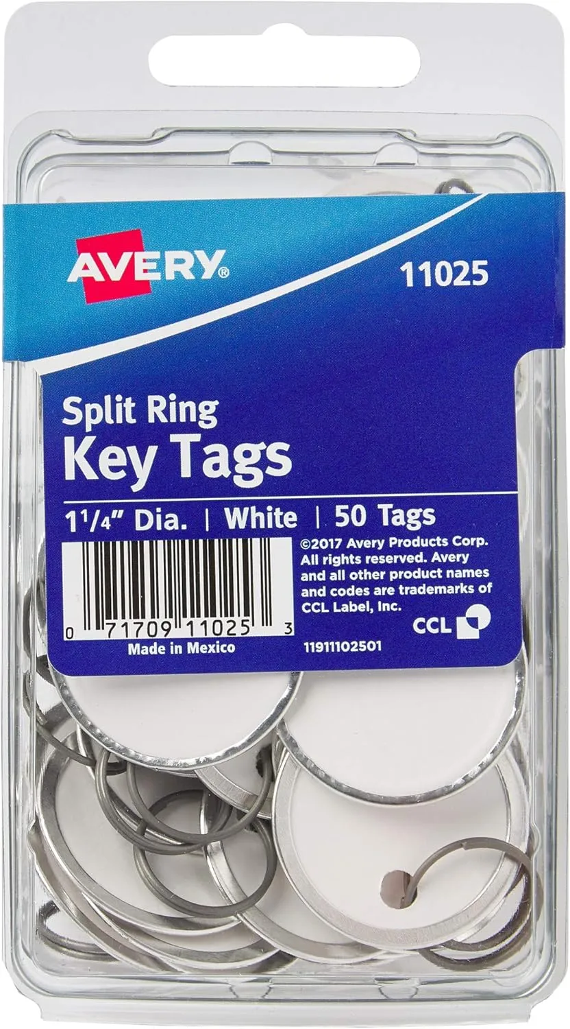Avery Metal Rim Key Tags, 1.25" Diameter Tag, Metal Split Ring, White, 50 Tags (11025) One Size 1 Pack