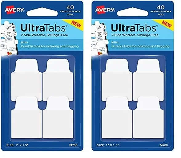 Avery Mini Ultra Tabs, 1" x 1.5", 2-Side Writable, White, 40 Repositionable Tabs (74788)