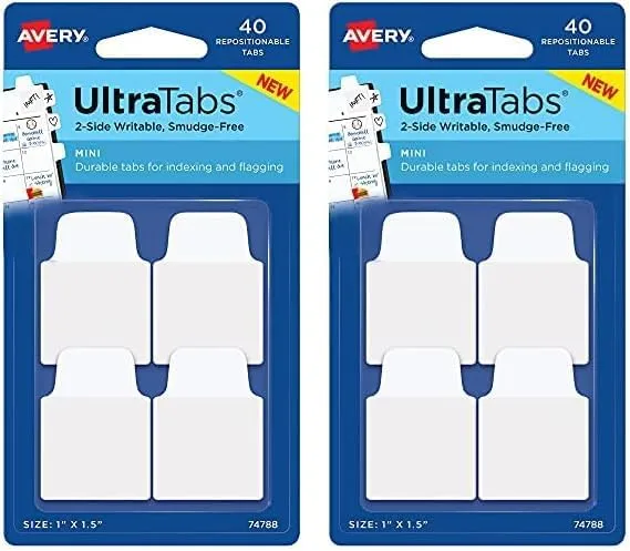 Avery Mini Ultra Tabs, 1" x 1.5", 2-Side Writable, White, 40 Repositionable Tabs (74788)