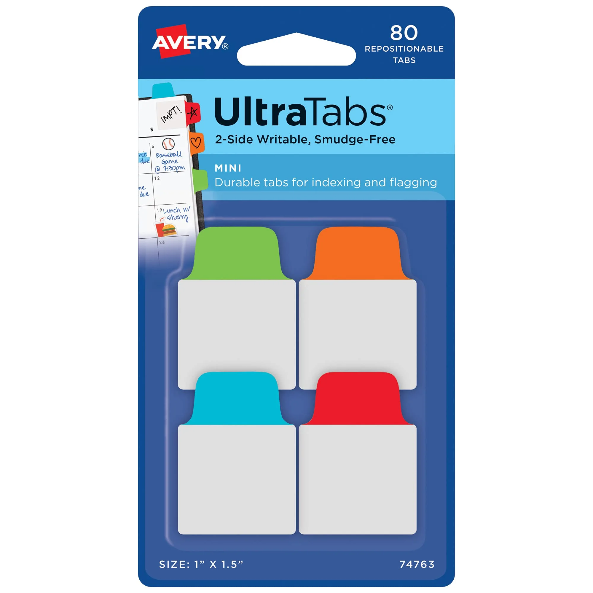 Avery Mini Ultra Tabs, 1" x 1.5", 2-Side Writable, Assorted, 80 Tabs