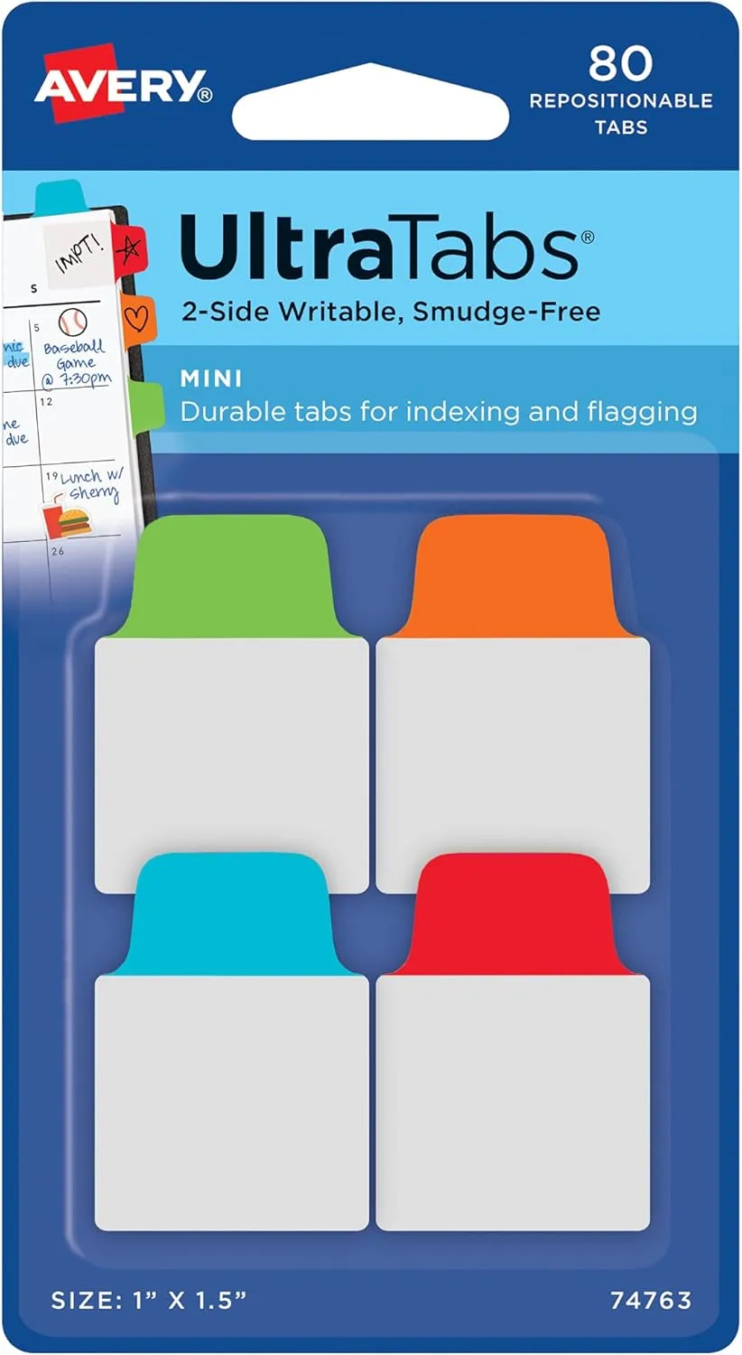 Avery Mini Ultra Tabs, 1" x 1.5", 2-Side Writable, Assorted, 80 Tabs