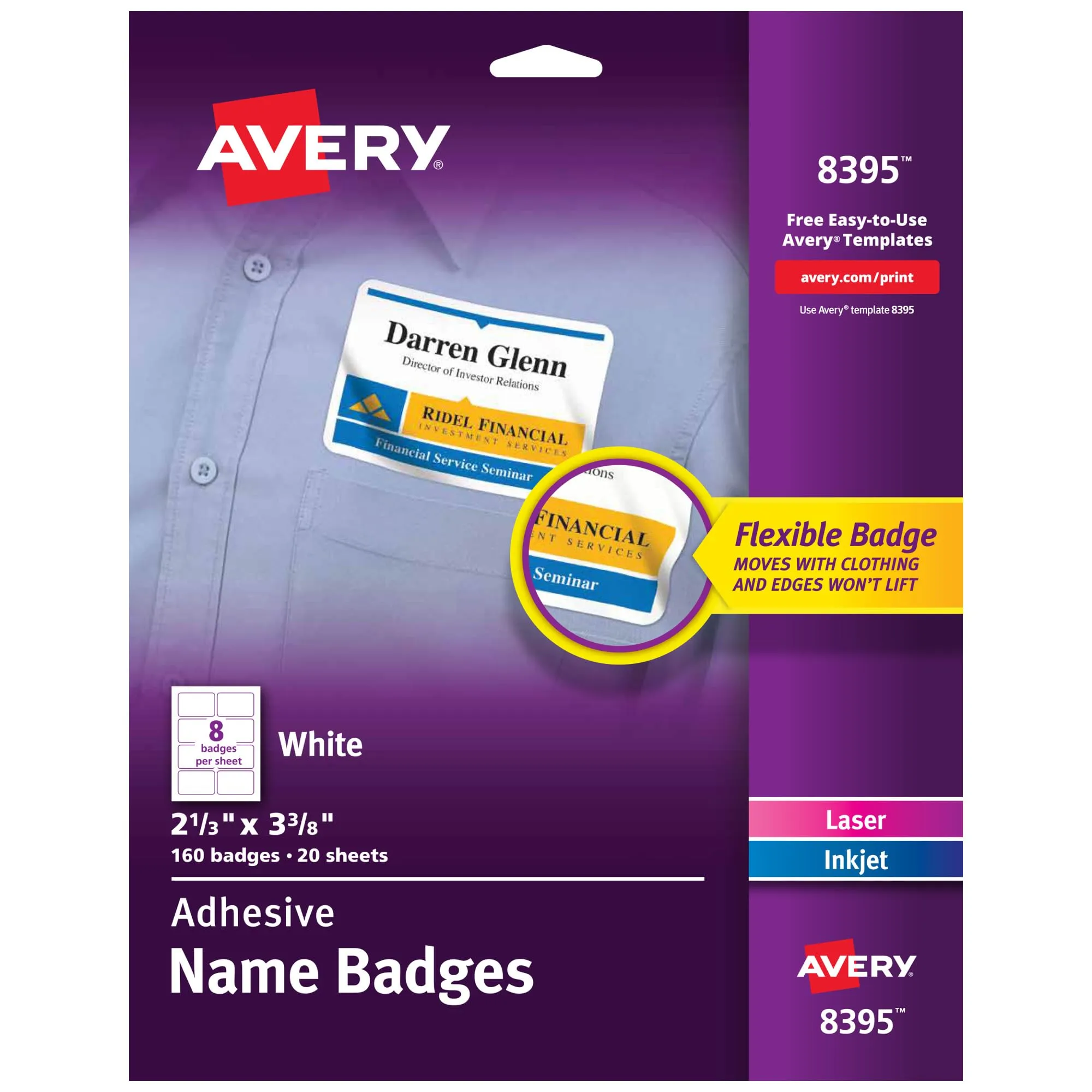 AVERY Flexible Name Badge Labels, 2-1/3 x 3-3/8 in, Matte White