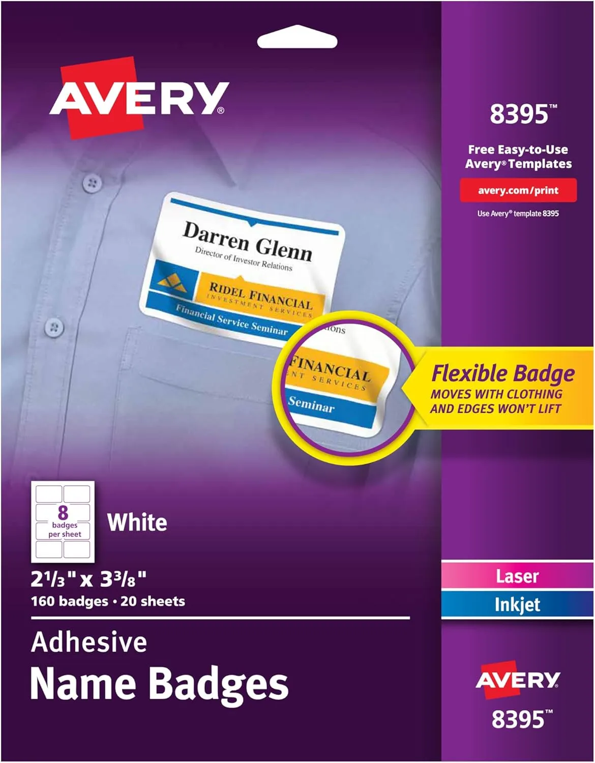 AVERY Flexible Name Badge Labels, 2-1/3 x 3-3/8 in, Matte White