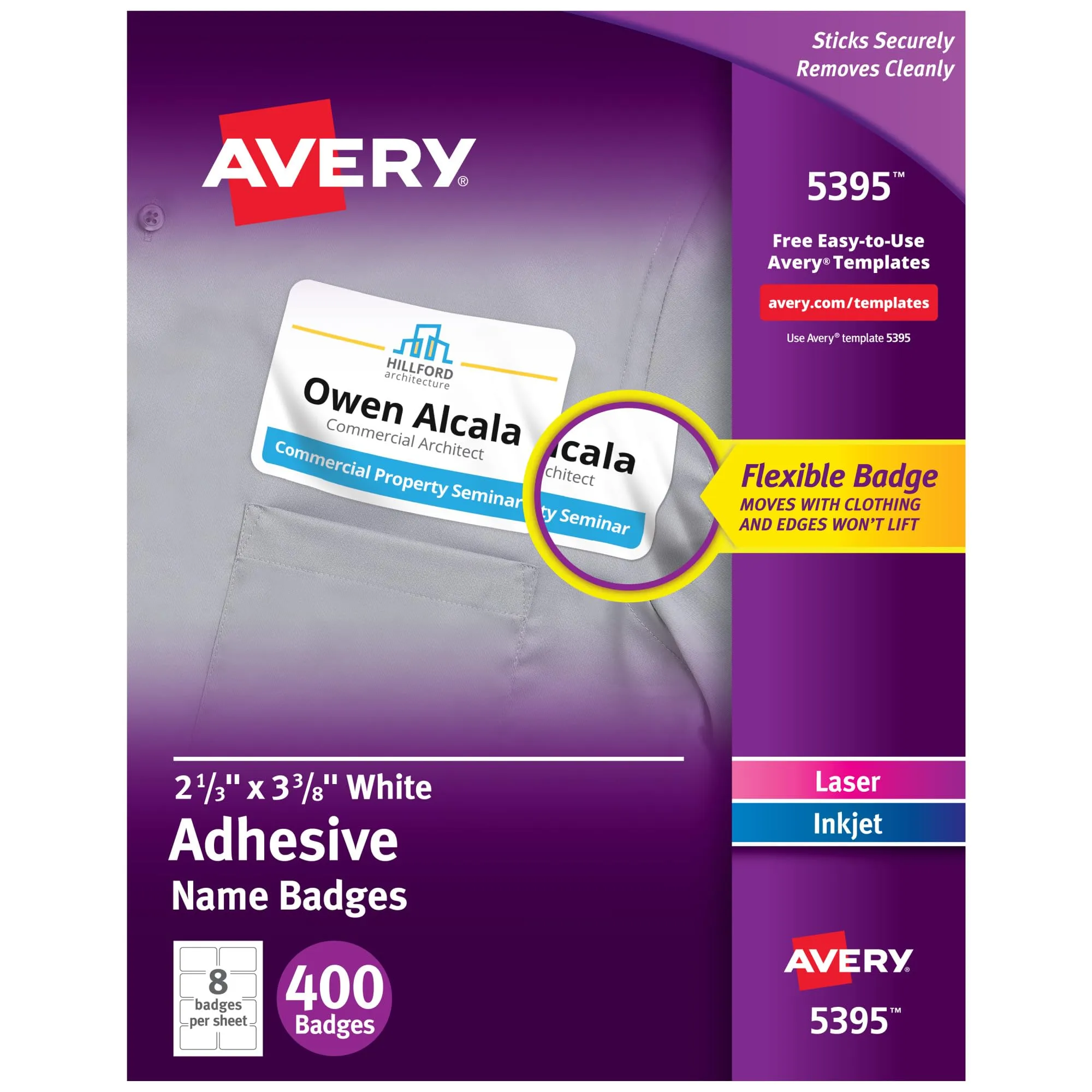 AVERY Flexible Name Badge Labels, 2-1/3 x 3-3/8 in, Matte White