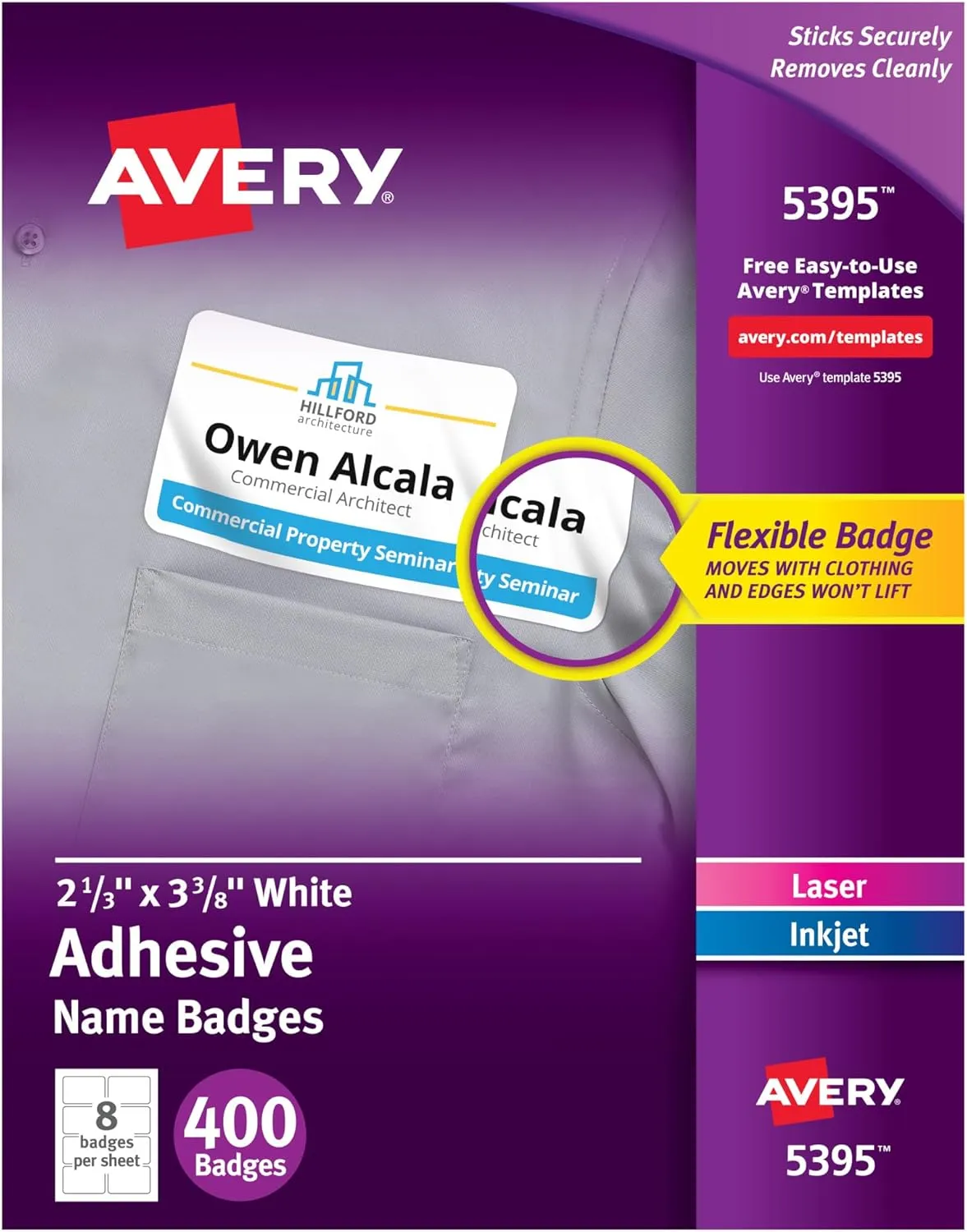 AVERY Flexible Name Badge Labels, 2-1/3 x 3-3/8 in, Matte White