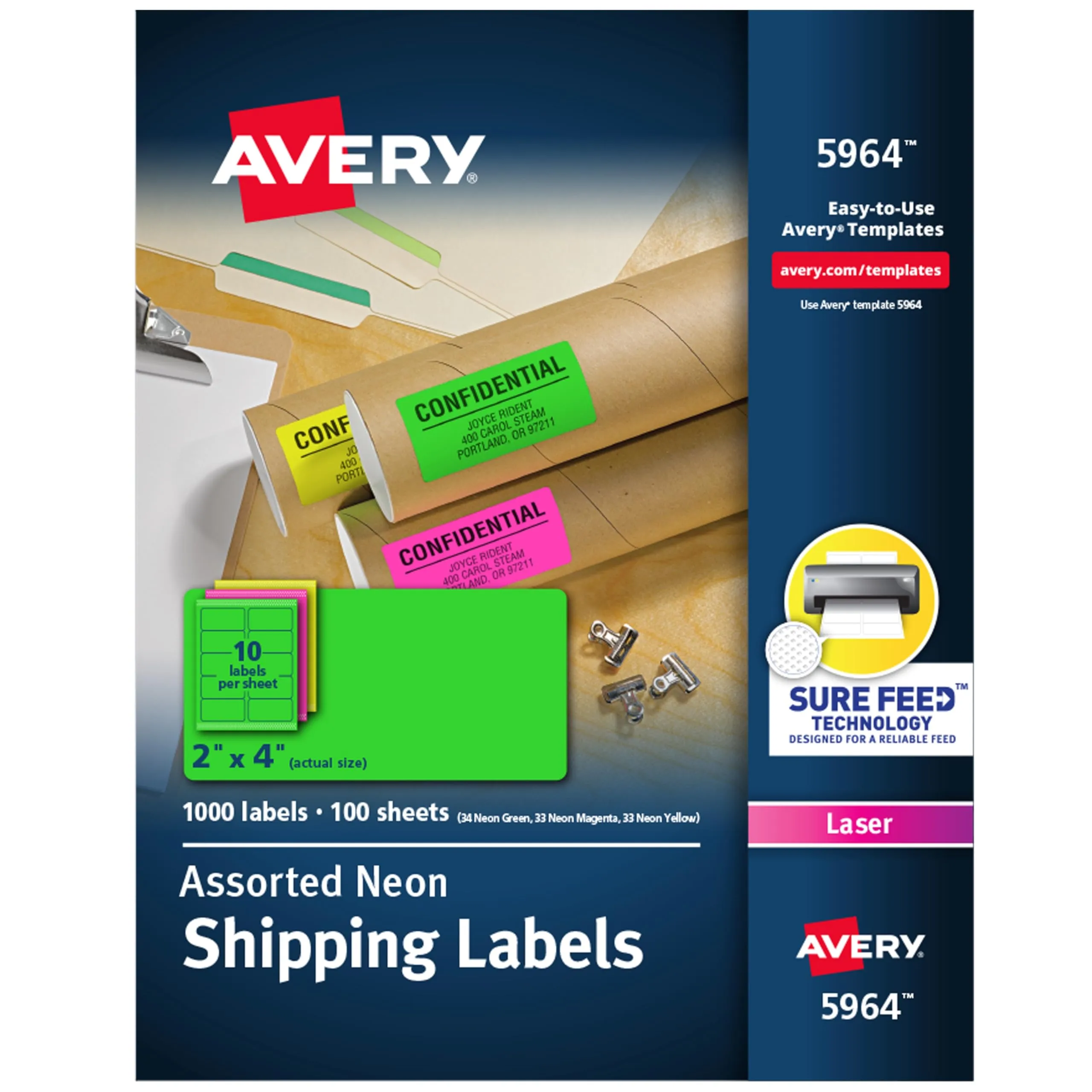 Avery 2" x 4" Neon Shipping Labels with Sure Feed for Laser Printers