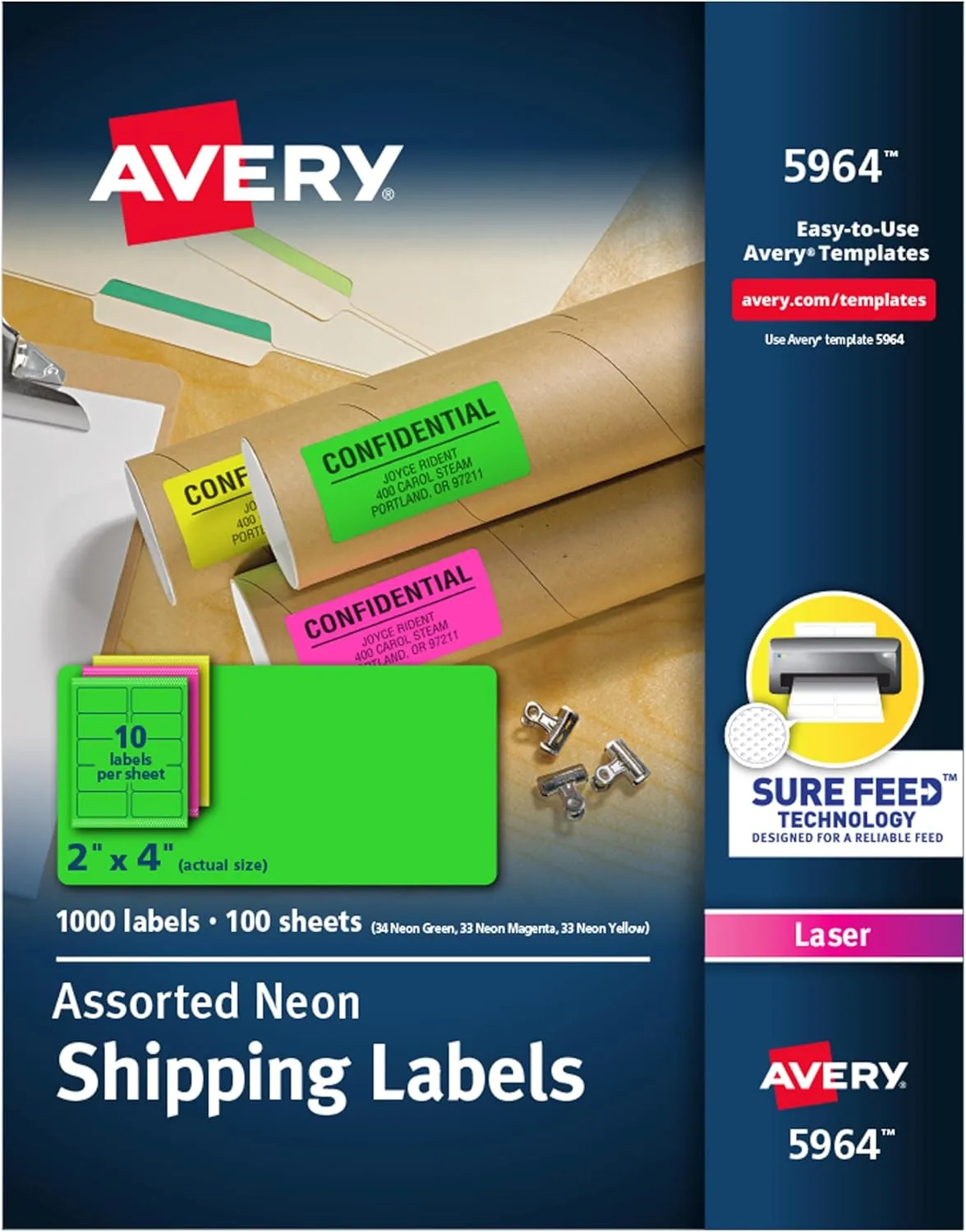 Avery 2" x 4" Neon Shipping Labels with Sure Feed for Laser Printers