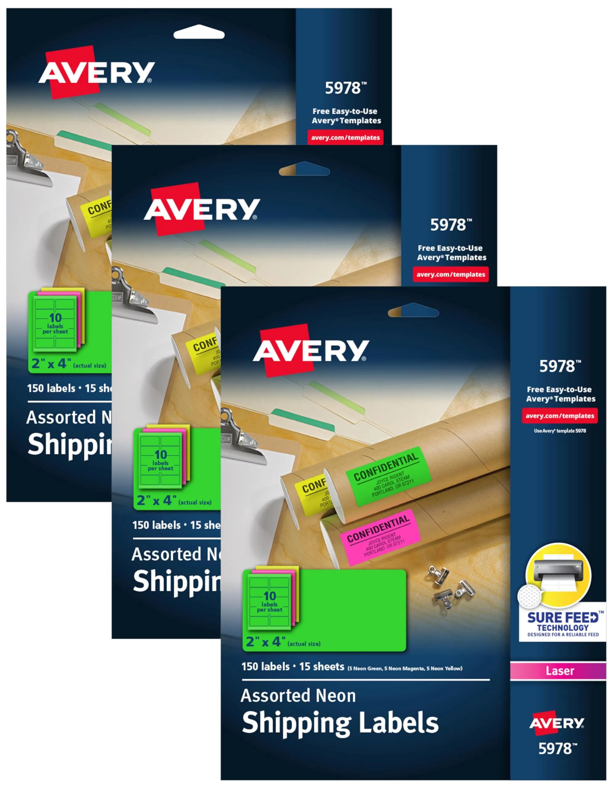 Avery 2" x 4" Neon Shipping Labels with Sure Feed for Laser Printers