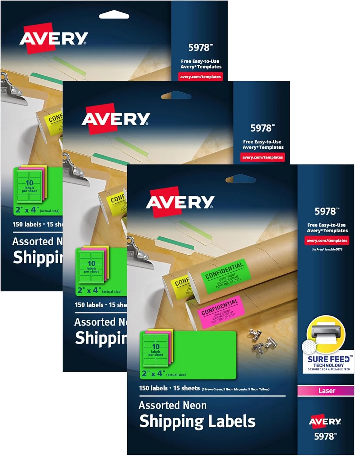 Avery 2" x 4" Neon Shipping Labels with Sure Feed for Laser Printers