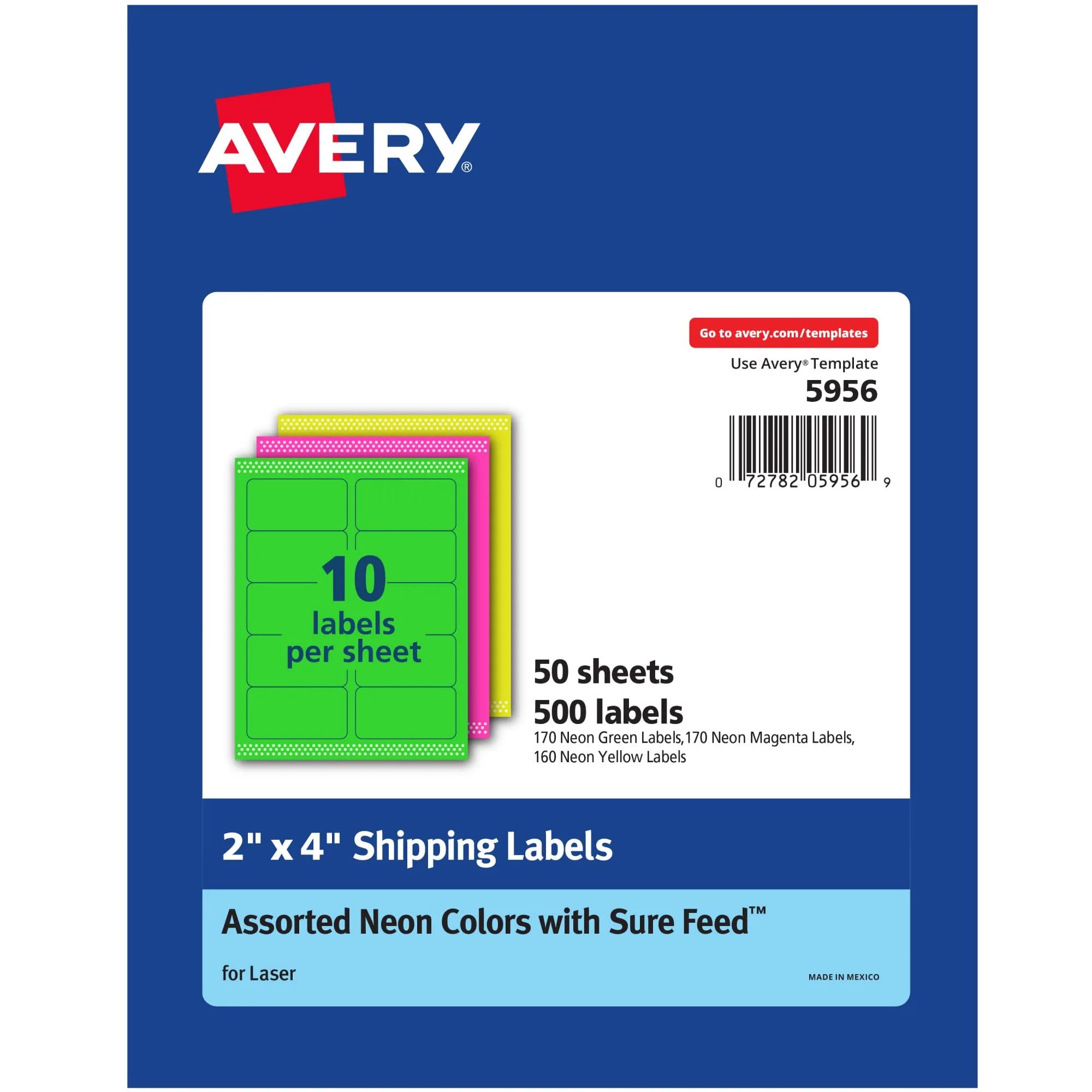 Avery 2" x 4" Neon Shipping Labels with Sure Feed for Laser Printers