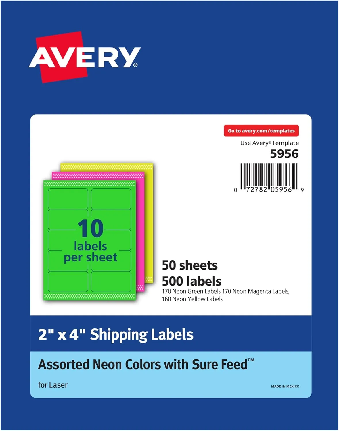 Avery 2" x 4" Neon Shipping Labels with Sure Feed for Laser Printers