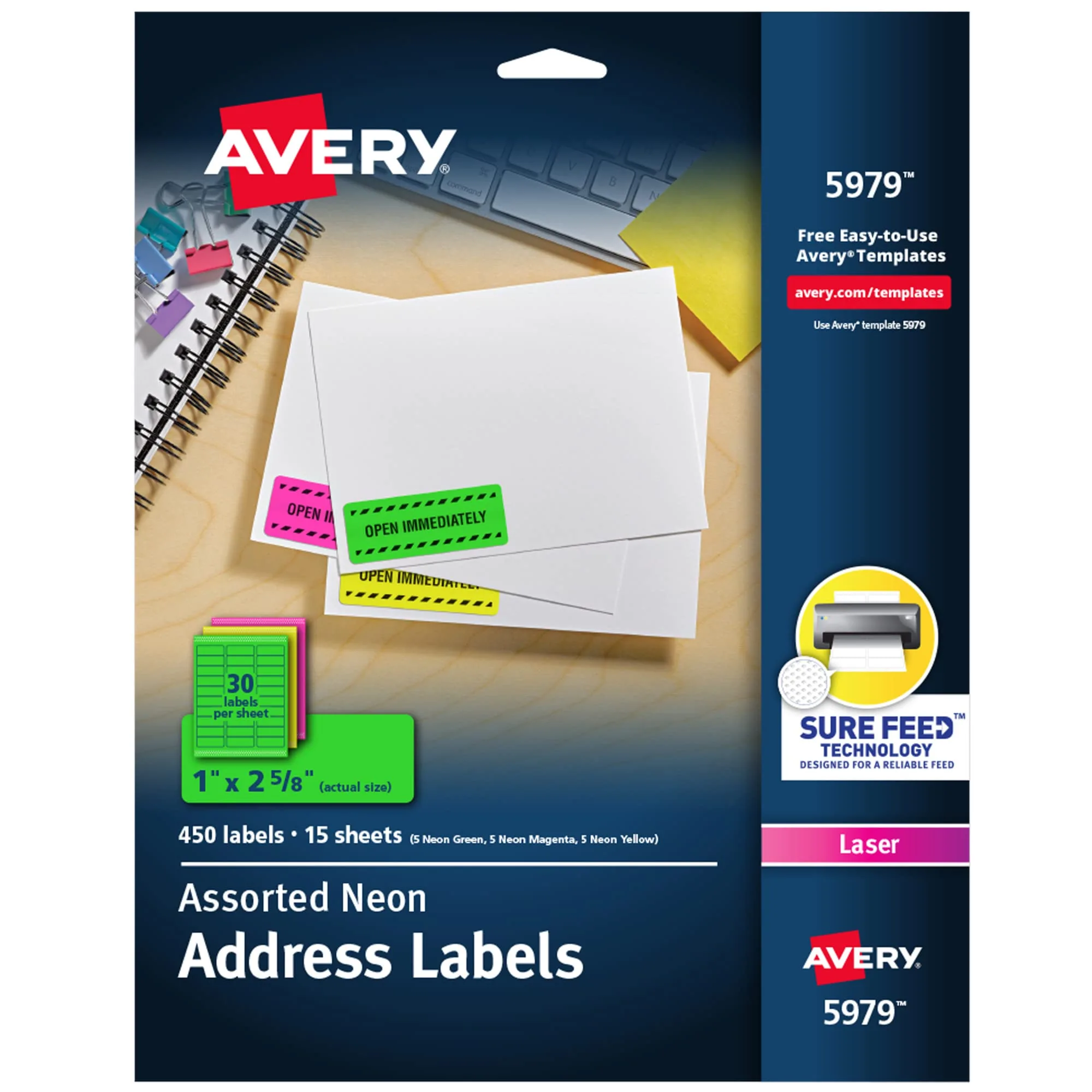 Avery Printable Address Labels with Sure Feed, 1" x 2-5/8", Assorted Neon, 450 (5979)