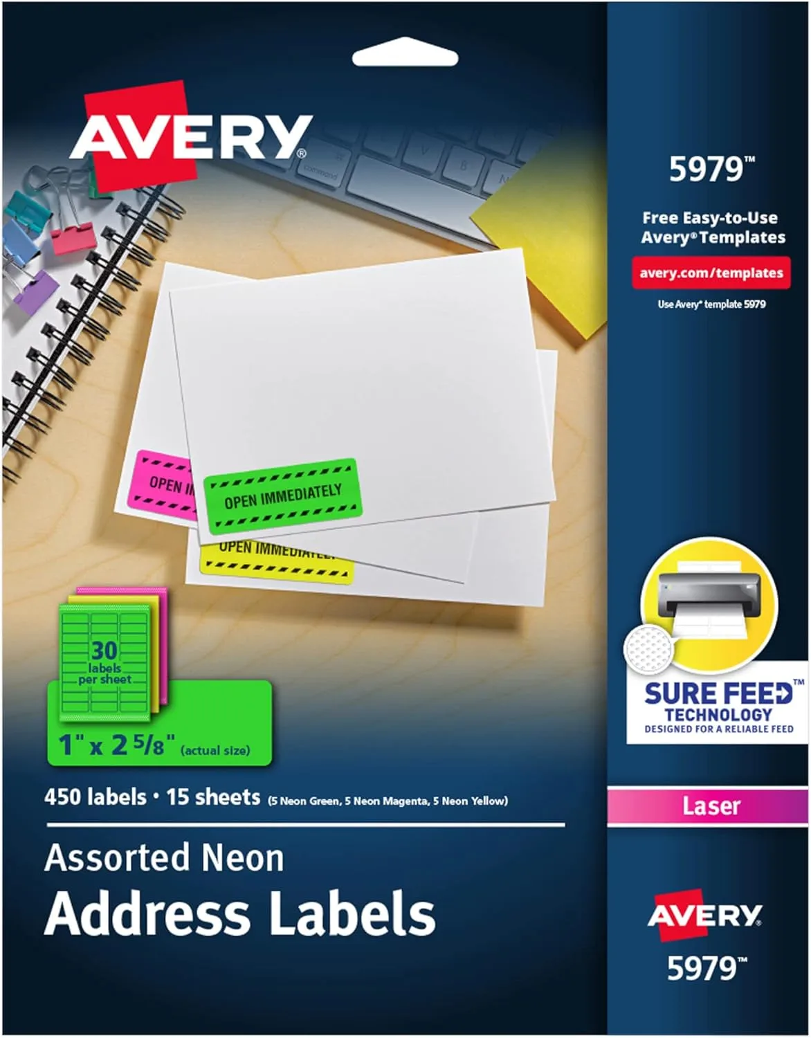 Avery Printable Address Labels with Sure Feed, 1" x 2-5/8", Assorted Neon, 450 (5979)