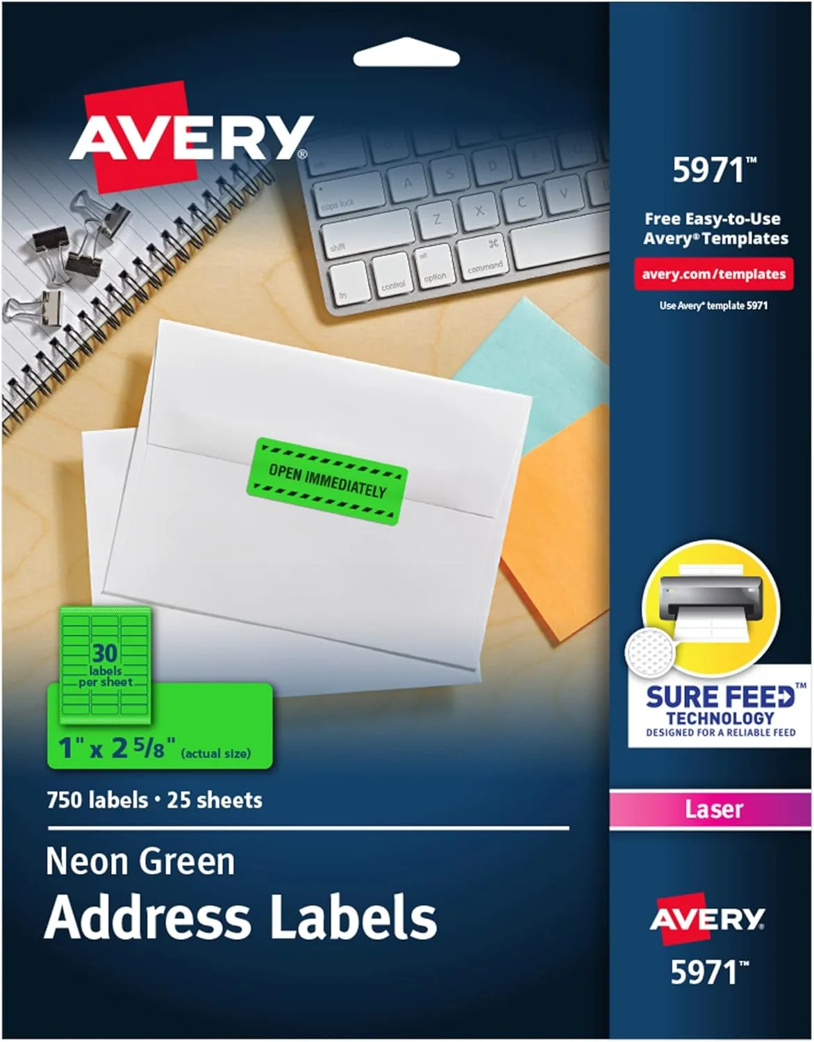 Avery Printable Address Labels with Sure Feed, 1" x 2-5/8", Neon Green, 750 Blank Mailing Labels (5971)