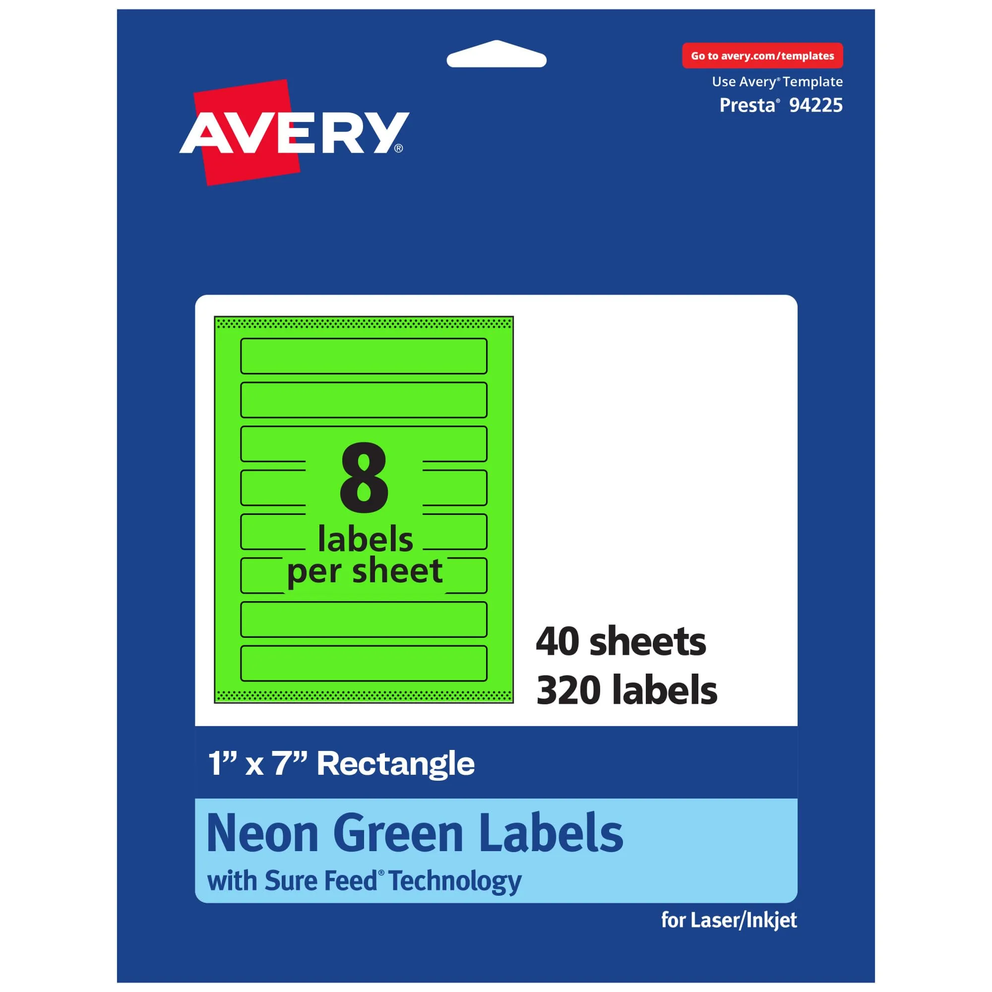 Avery Printable Rectangle Labels, Sure Feed Technology, 1" x 7", Neon Green, Print-to-the-edge, Laser/Inkjet Printable