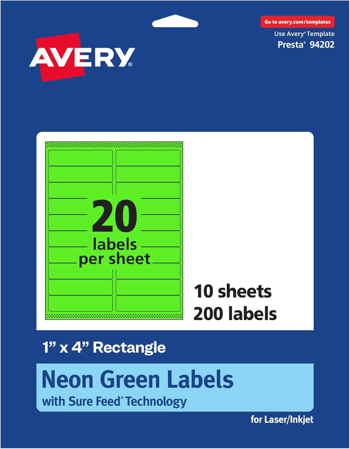 Avery Printable Rectangle Labels, Sure Feed Technology, 1" x 4", Neon Green Labels, Laser/Inkjet Printable, 200 Total
