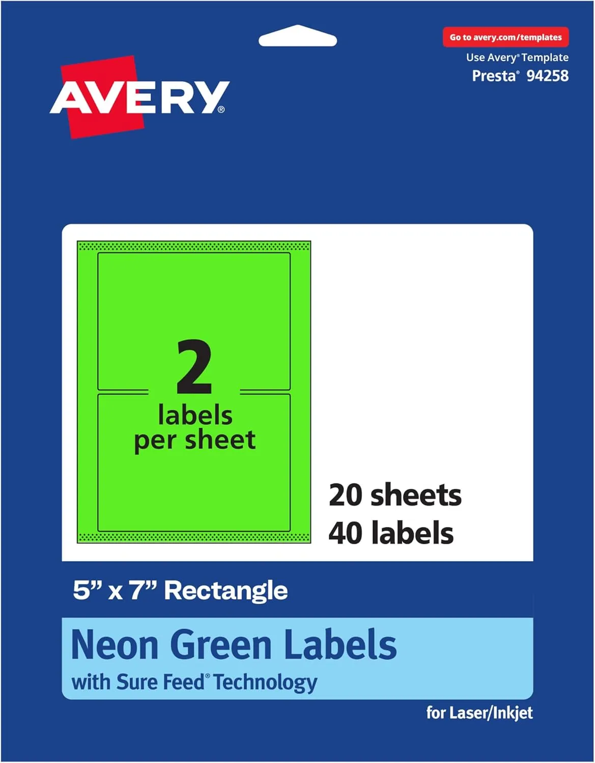 Avery Printable Rectangle Labels, Sure Feed Technology, 5" x 7", Neon Green, Laser/Inkjet