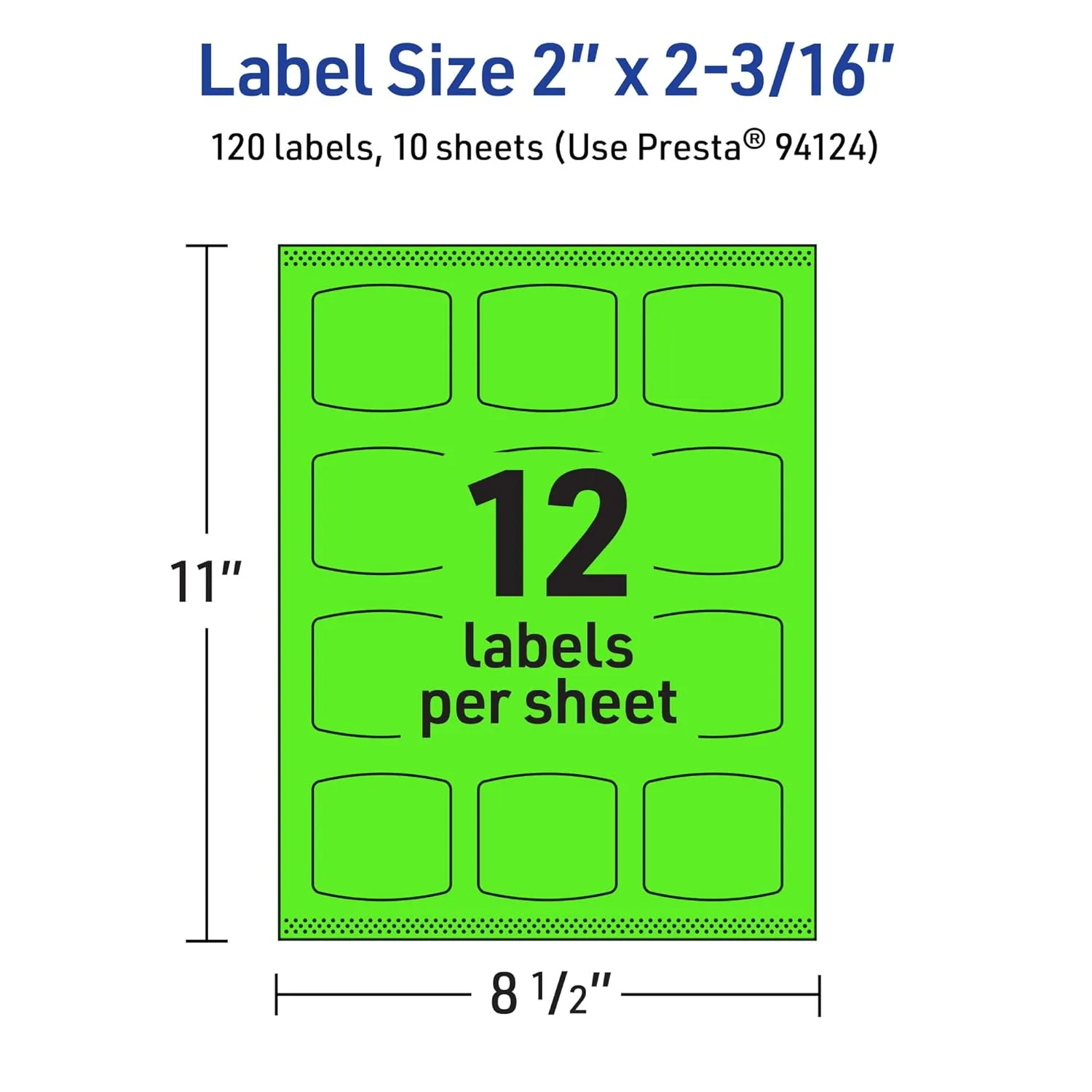 Avery Printable Arched Square Labels with Sure Feed Technology, 2 in. x 2-3/16 in., Neon Green, Print-to-The-Edge