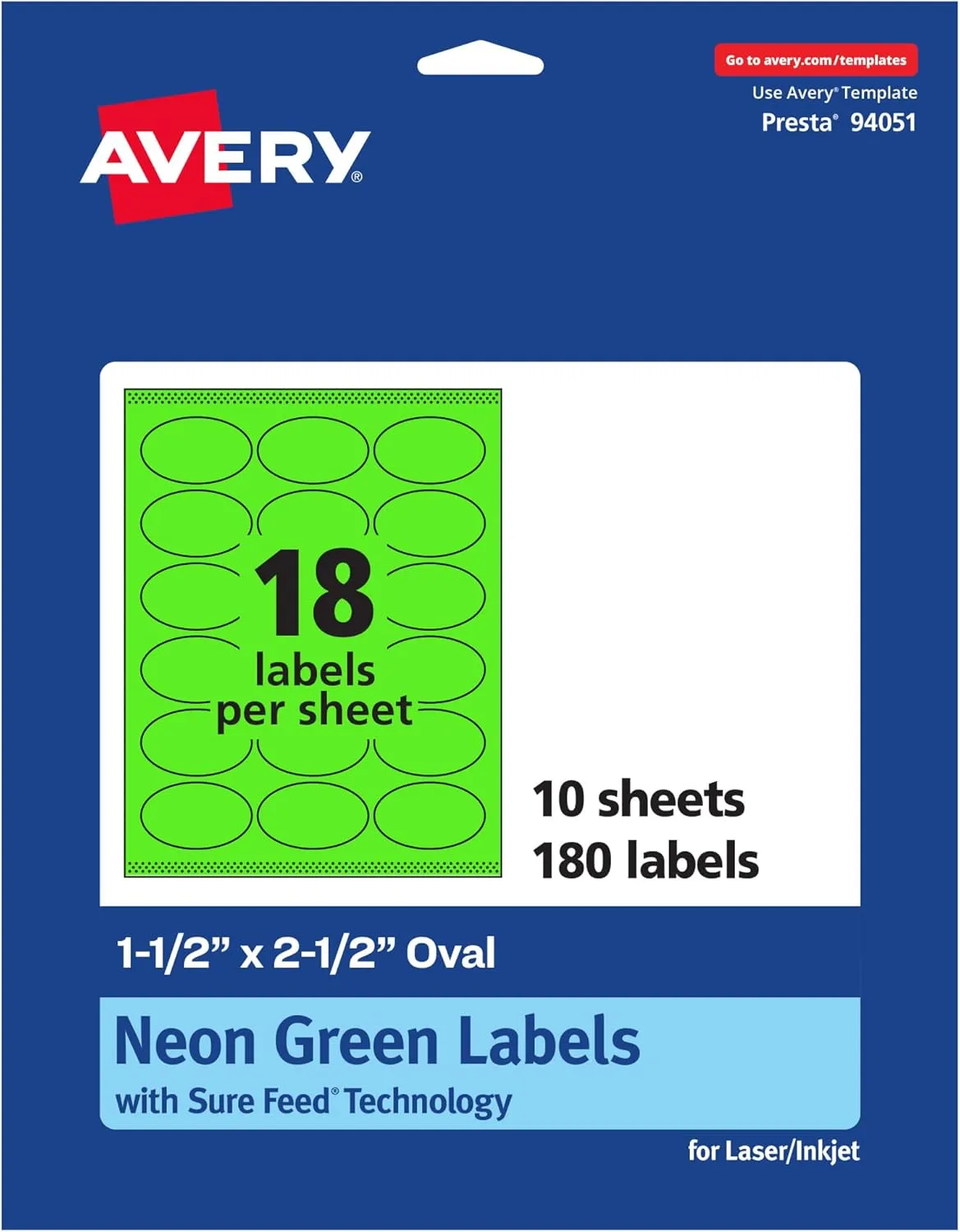Avery Printable Oval Labels, Sure Feed Technology, 1.5" x 2.5", Neon Green