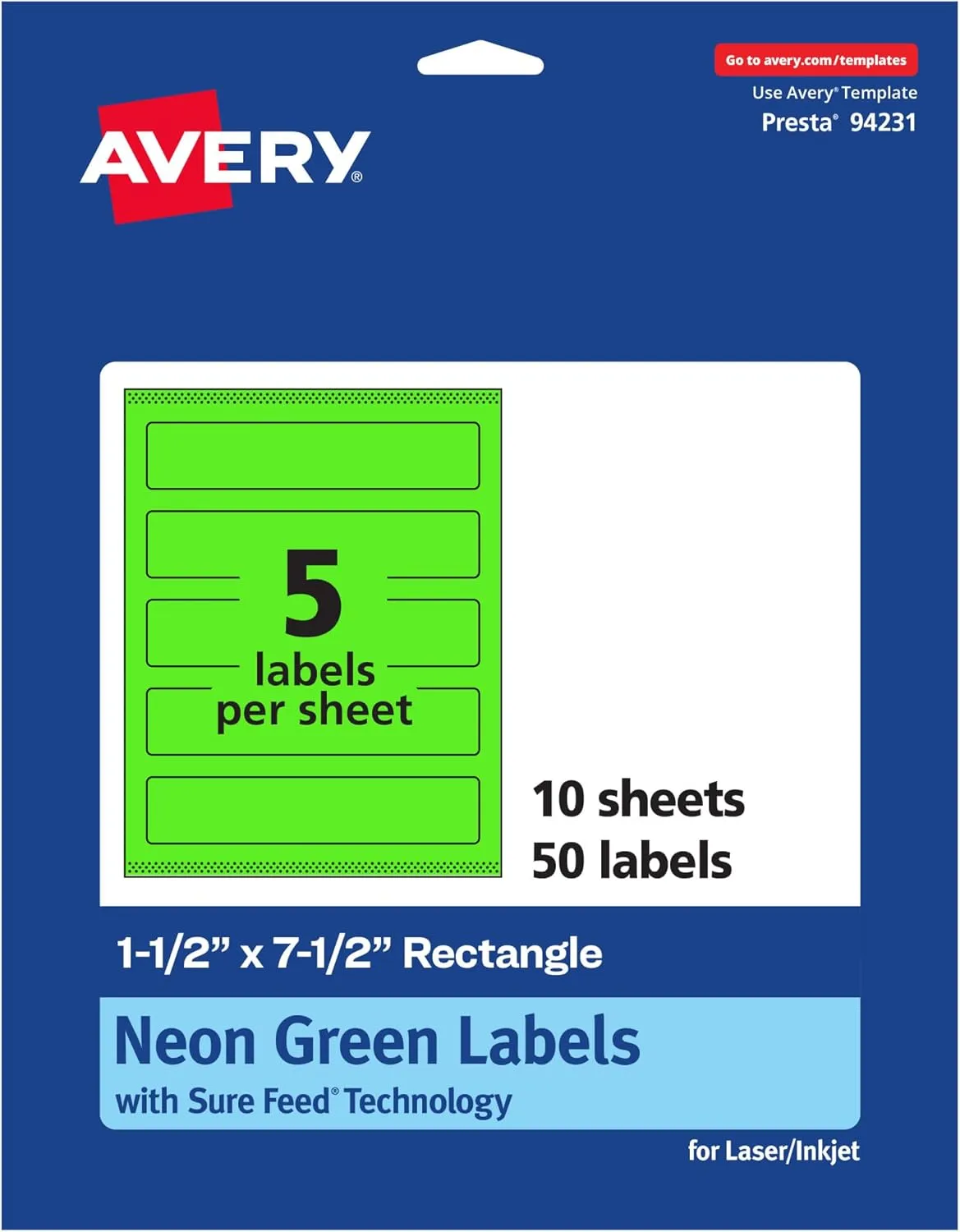 Avery Printable Rectangle Labels, Sure Feed Technology, 1-1/2" x 7-1/2", Neon Green Labels, Print-to-The-Edge