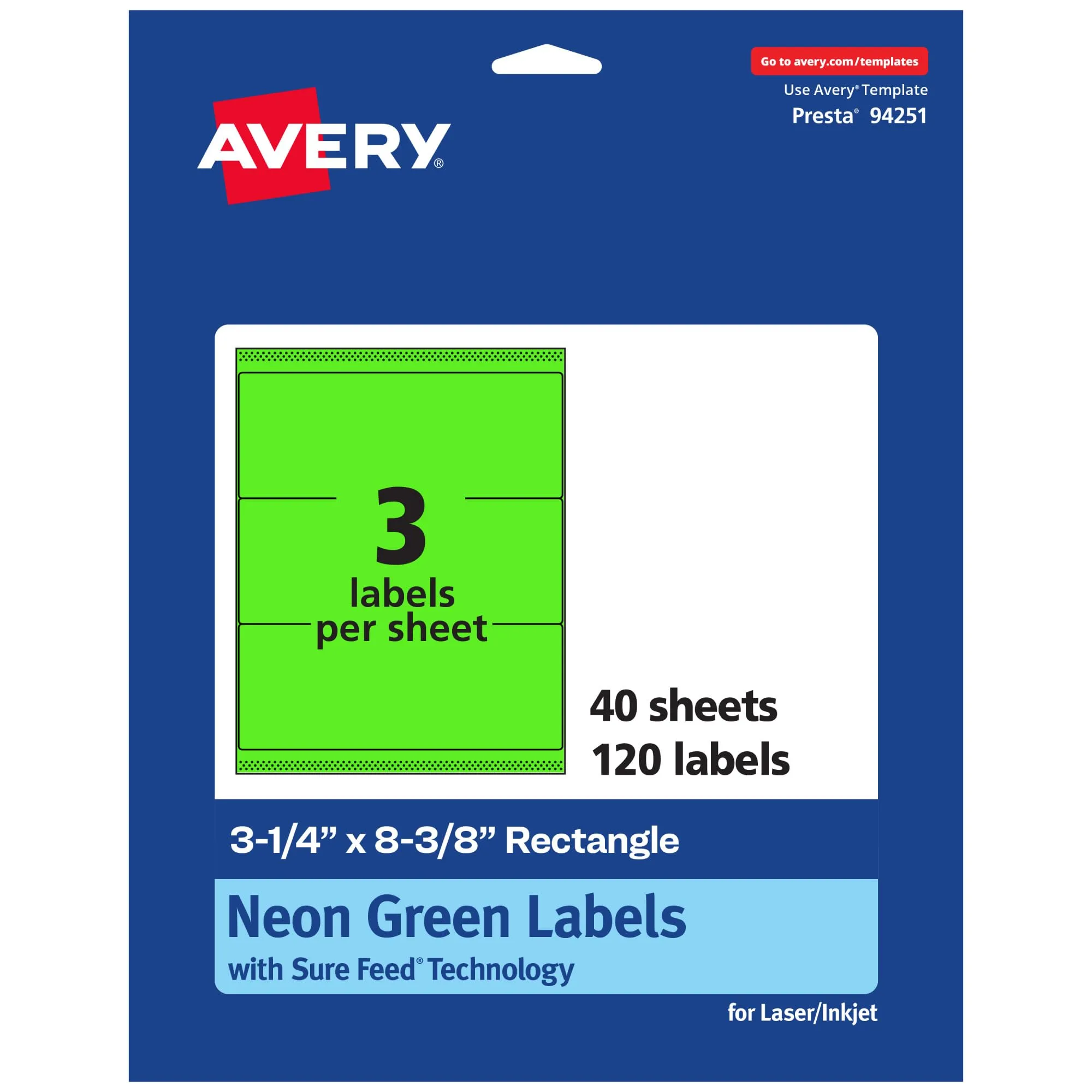 AVERY Printable Rectangle Labels, Sure Feed Technology, 3-1/4" x 8-3/8", Neon Green, Laser/Inkjet Printable