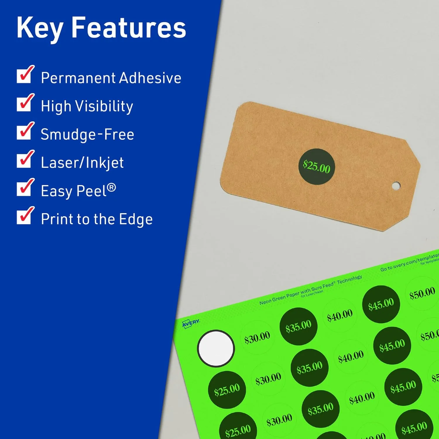 Avery Printable Round Labels, Sure Feed Technology, 3/4" Diameter, Neon Green, Print-to-the-Edge, Laser/Inkjet