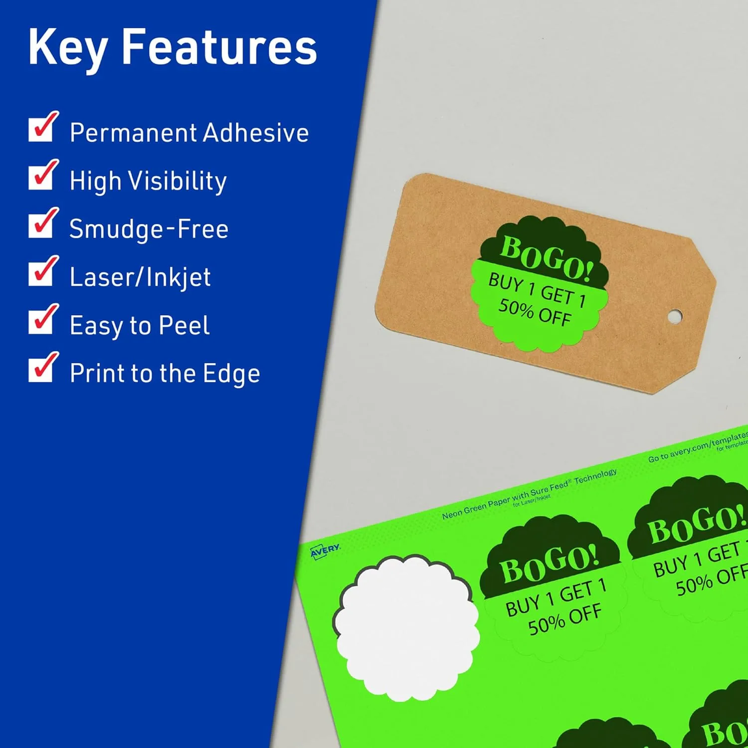 Avery Printable Round Scalloped Labels, Sure Feed Technology, 2.5" Diameter, Neon Green, Print-to-The-Edge