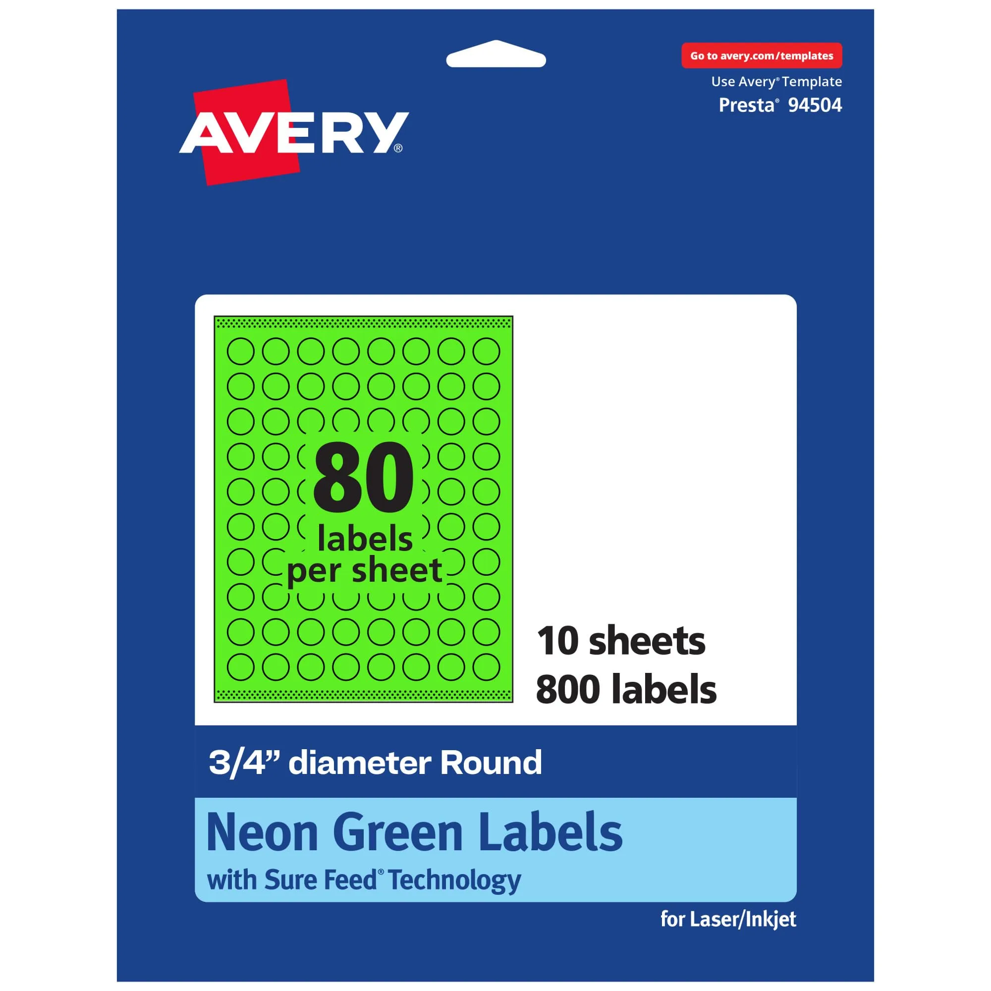 Avery Printable Round Labels, Sure Feed Technology, 3/4" Diameter, Neon Green, Print-to-the-Edge, Laser/Inkjet