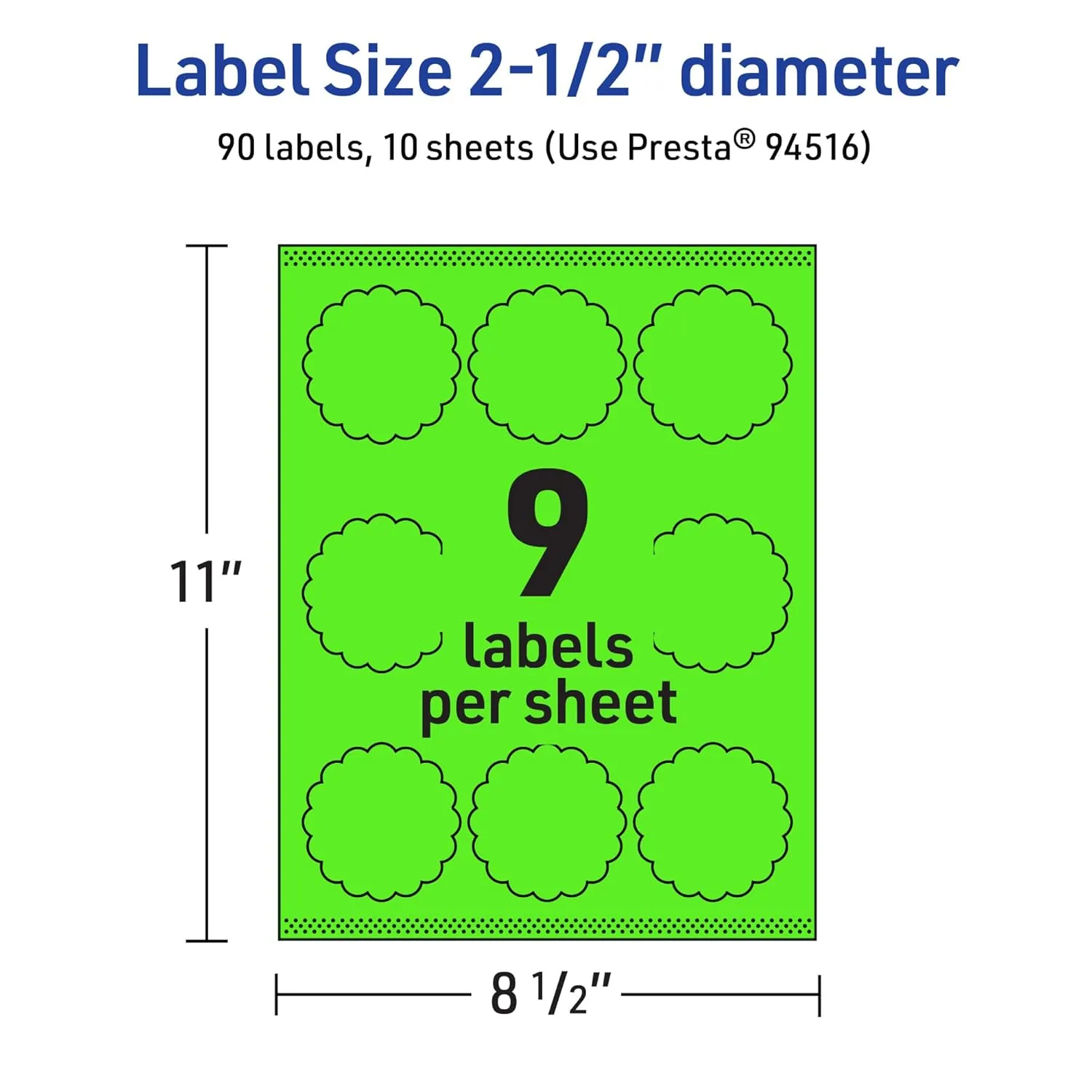 Avery Printable Round Scalloped Labels, Sure Feed Technology, 2.5" Diameter, Neon Green, Print-to-The-Edge