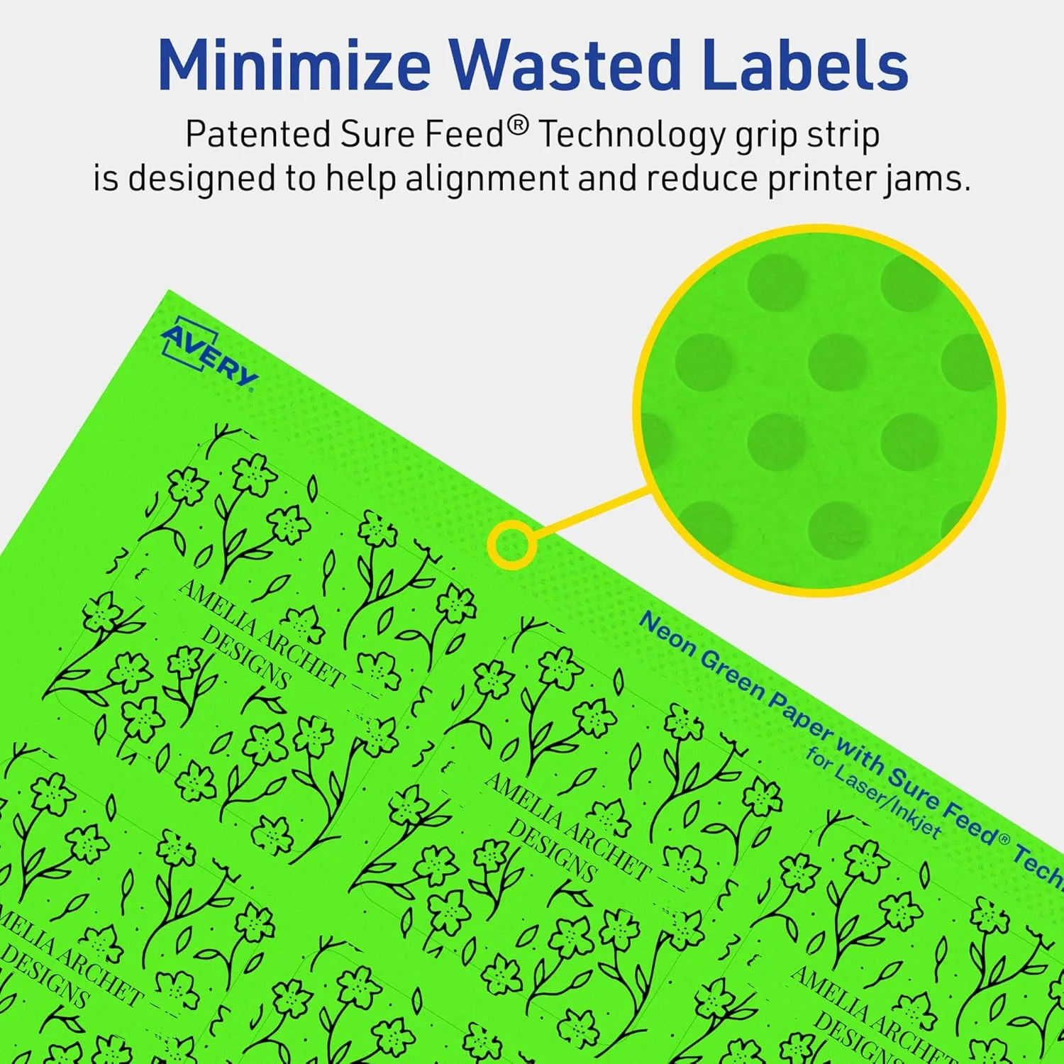 Avery Printable Square Labels, Sure Feed Technology, 2-1/8" x 2-1/8", Neon Green Labels, Print-to-The-Edge