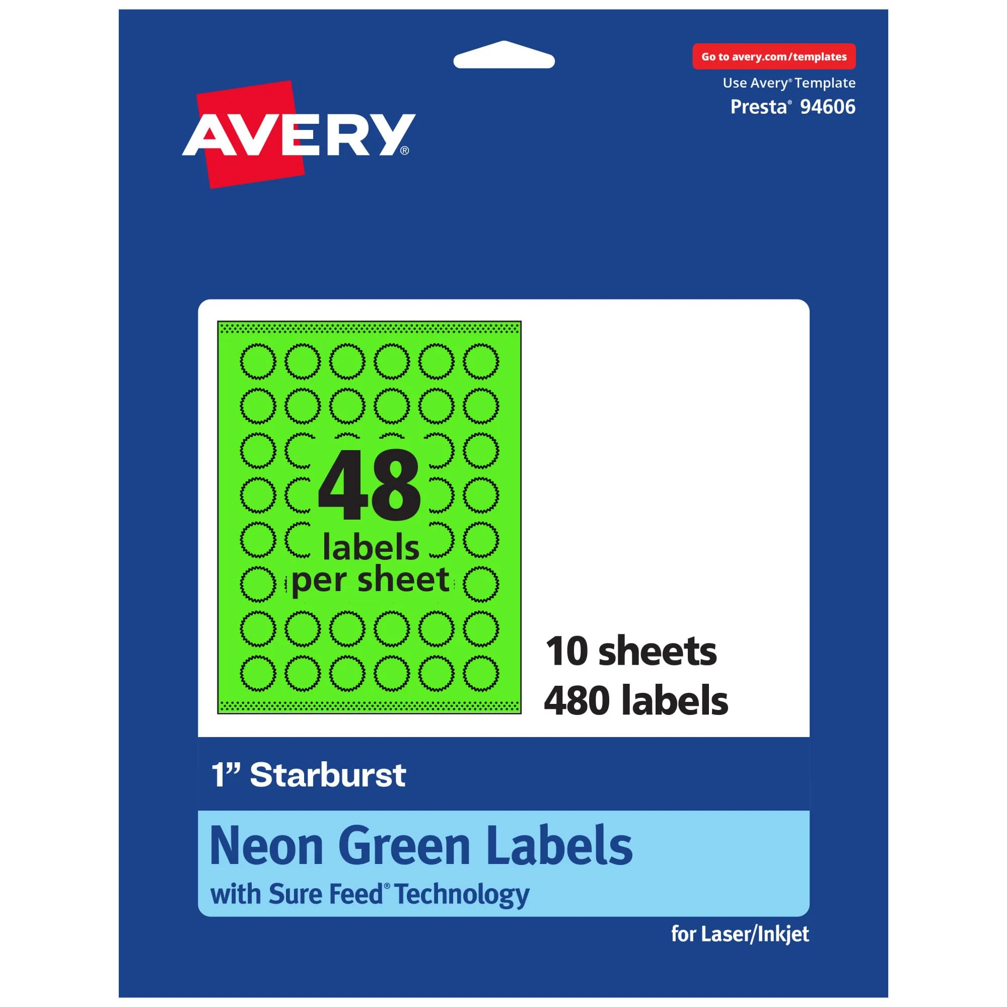 Avery Printable Starburst Labels, Sure Feed Technology, 1", Neon Green Labels, Print-to-The-Edge, Laser/Inkjet, 480 Total