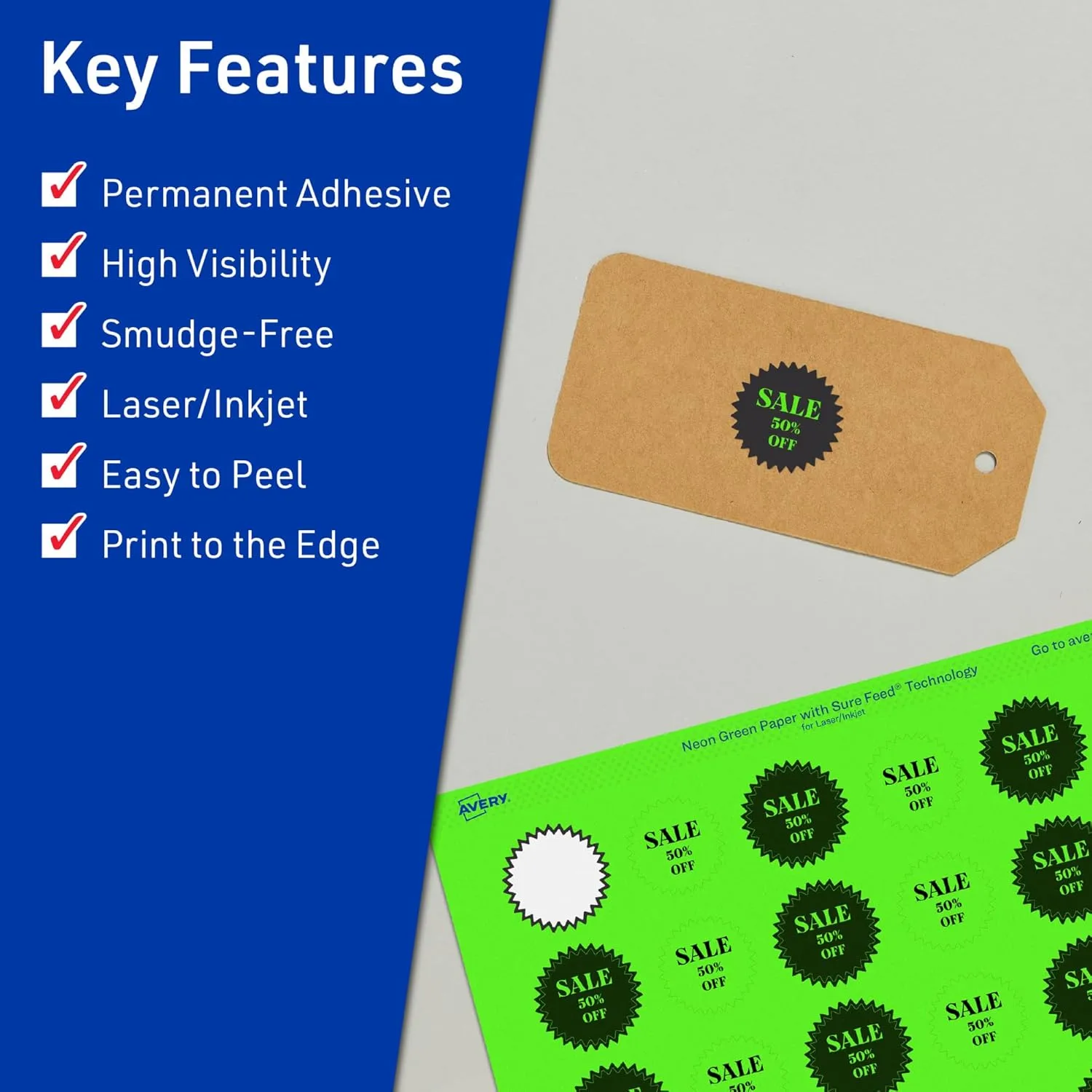 Avery Printable Starburst Labels, Sure Feed Technology, 1", Neon Green Labels, Print-to-The-Edge, Laser/Inkjet, 480 Total