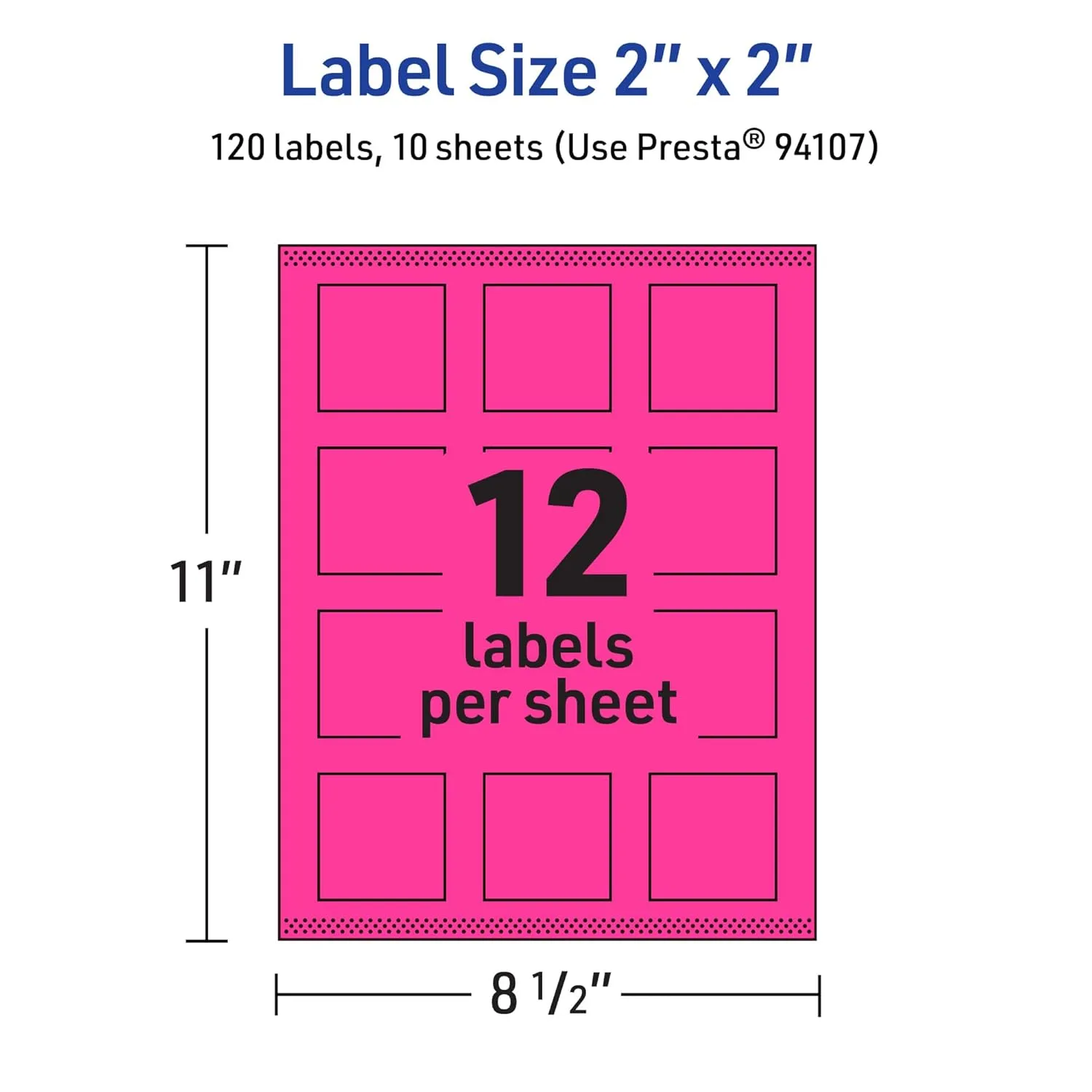 Avery Printable Square Labels, Sure Feed Technology, 2" x 2", Neon Magenta, Print-to-the-Edge, Laser/Inkjet