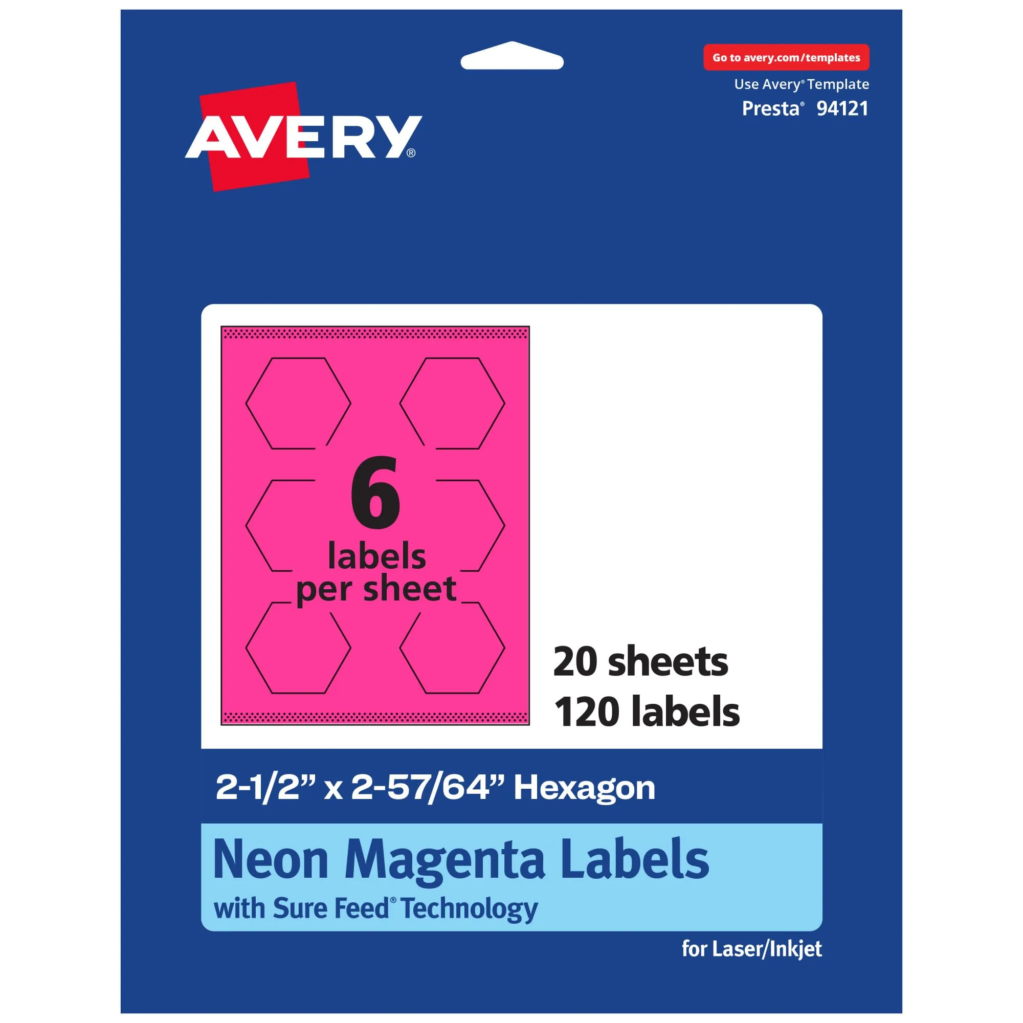 AVERY Printable Hexagon Labels, Sure Feed Technology, 2-1/2\" x 2-57/64\", Neon Magenta, Print-to-The-Edge