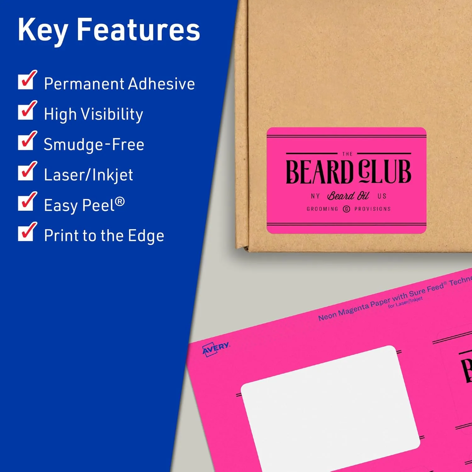 Avery Printable Rectangle Labels, Sure Feed Technology, 1-1/2" x 3-3/4", Neon Magenta Labels, Print-to-The-Edge