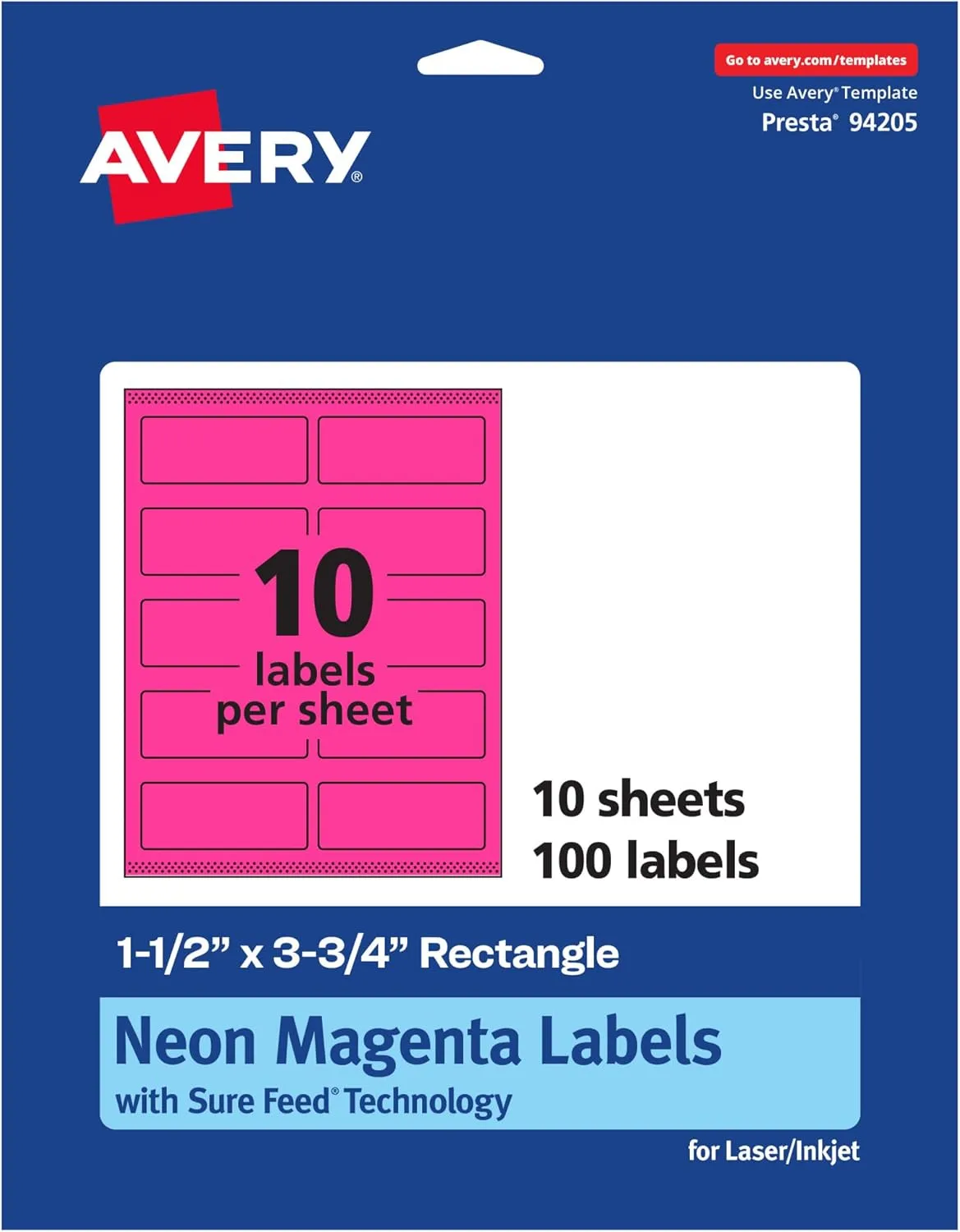 Avery Printable Rectangle Labels, Sure Feed Technology, 1-1/2" x 3-3/4", Neon Magenta Labels, Print-to-The-Edge